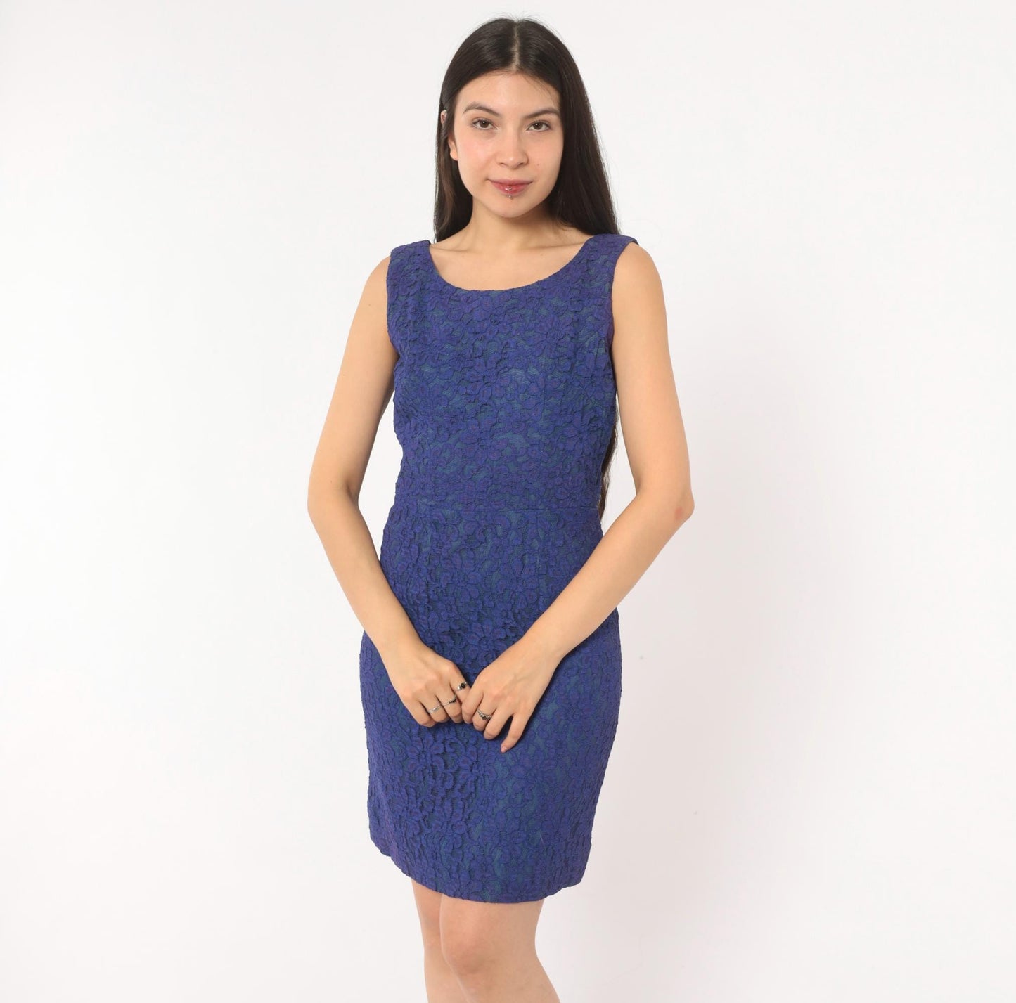 60s Cobalt Lace Sheath Dress Sleeveless Knee-Length Mod Floral Small