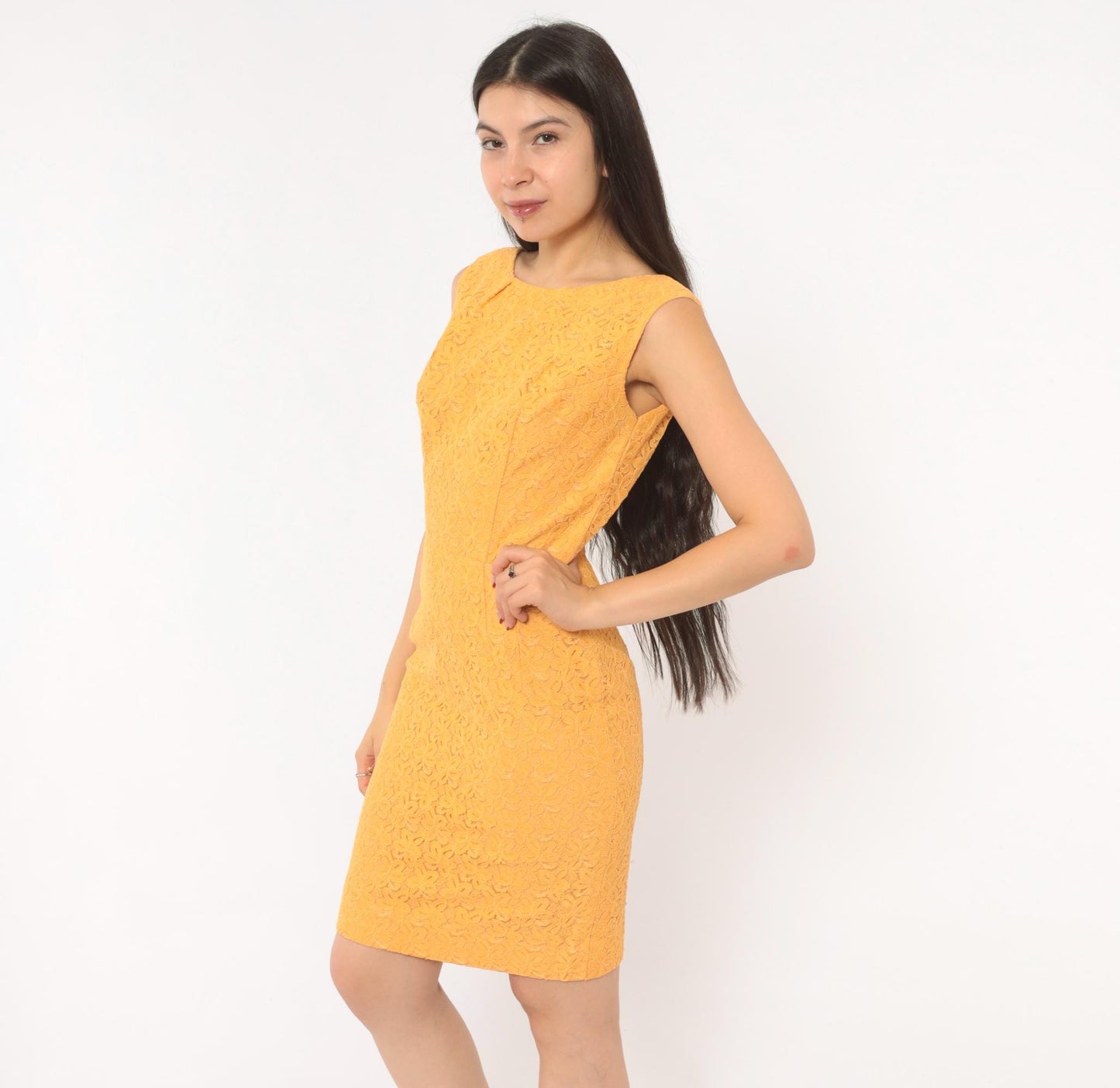 60s Golden Orange Lace Sheath Dress Boat Neck Sleeveless Knee Length Small