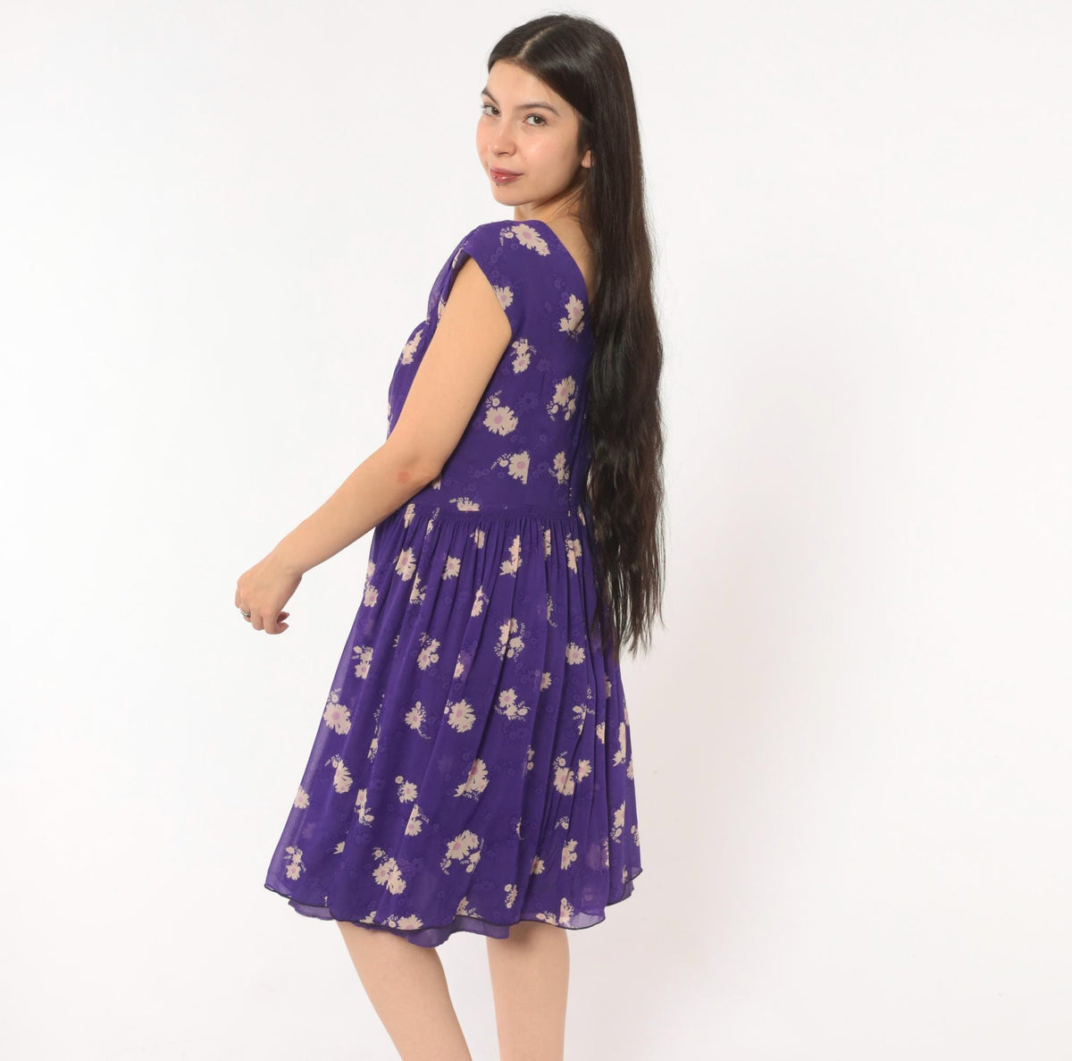 Anna Sui 2000s Purple Silk Dress Daisy Floral V-Neck Cap Sleeve Medium M