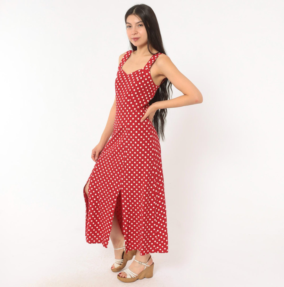 90s Gaccina Red White Polka Dot Midi Sundress Sweetheart Neckline Extra Small XS