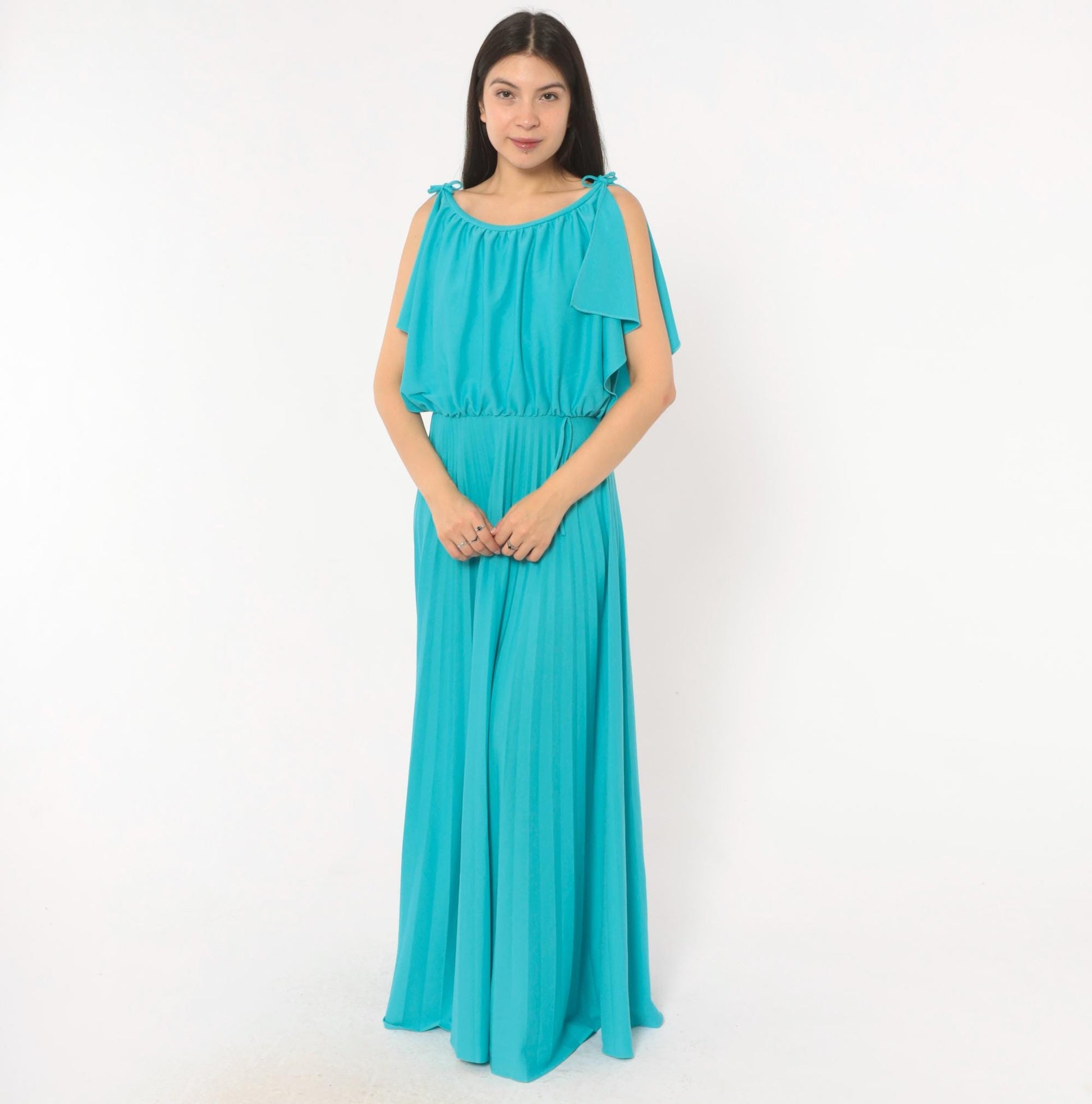 70s Turquoise Maxi Dress Cold Shoulder Flutter Sleeve Blouson Bodice Medium