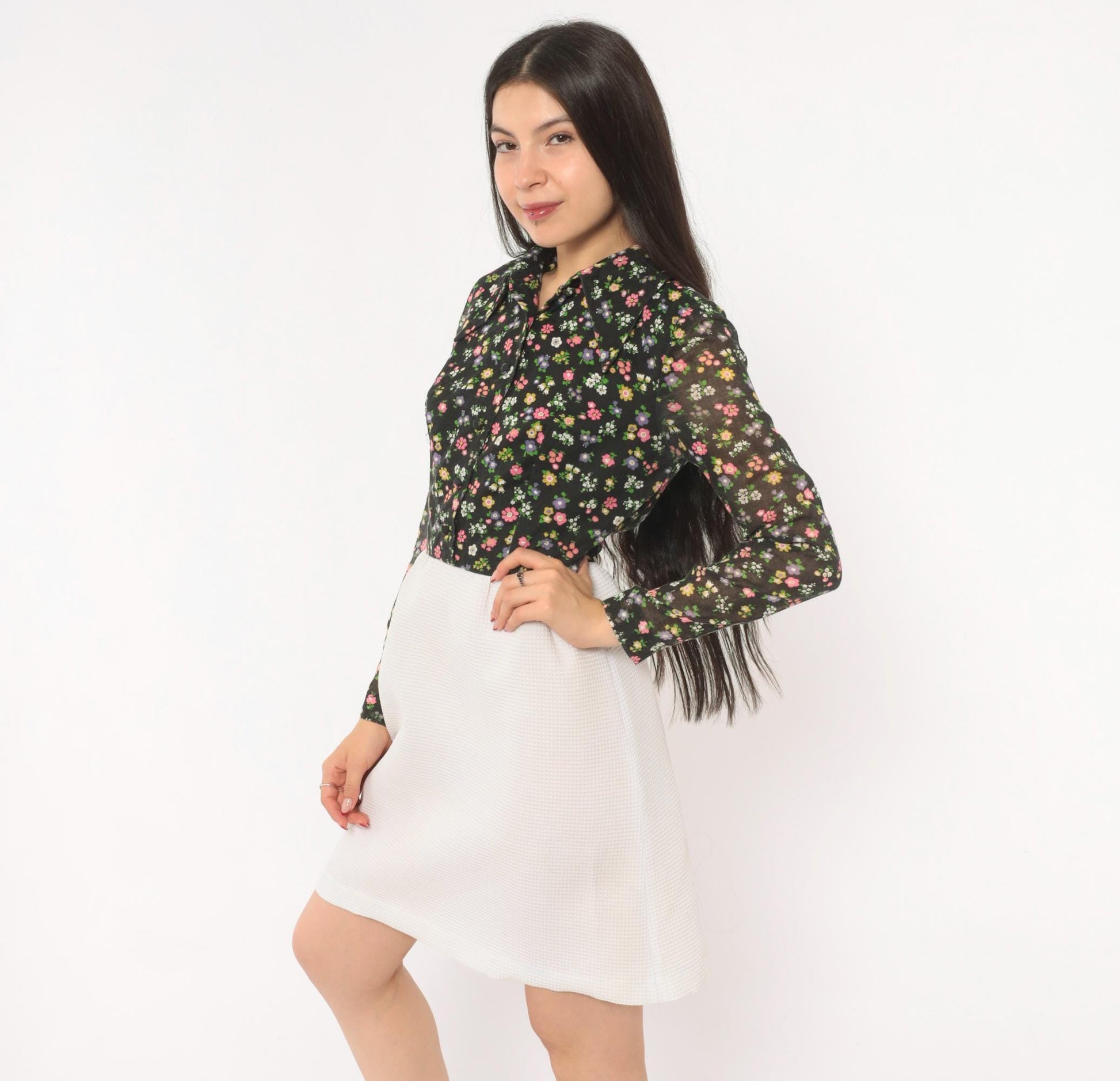 70s Black Floral Two-Tone Shirt Dress White A-Line Knee-Length Small S