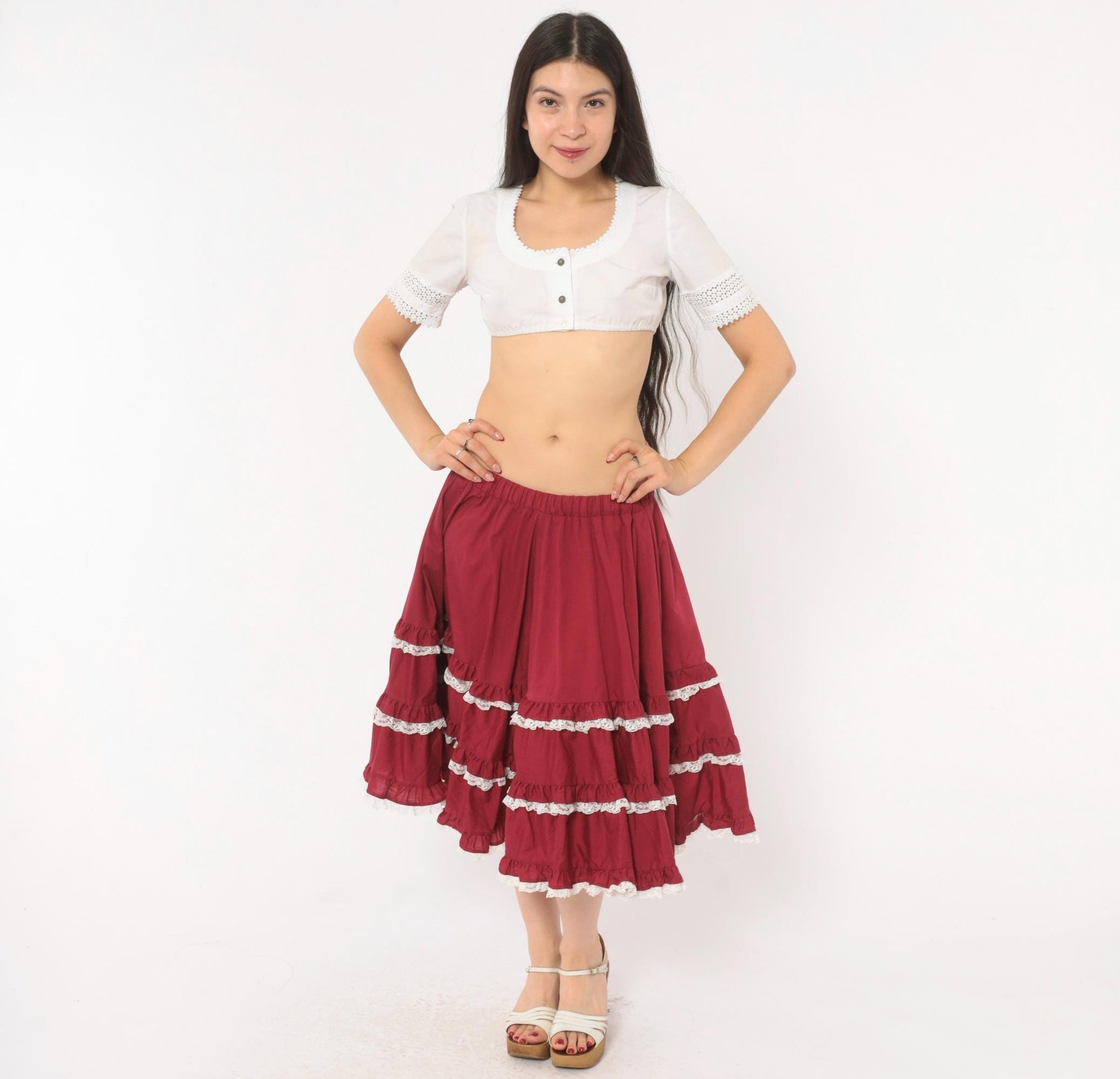80s Burgundy Tiered Prairie Skirt Cotton Lace Trim Full Circle Medium Large