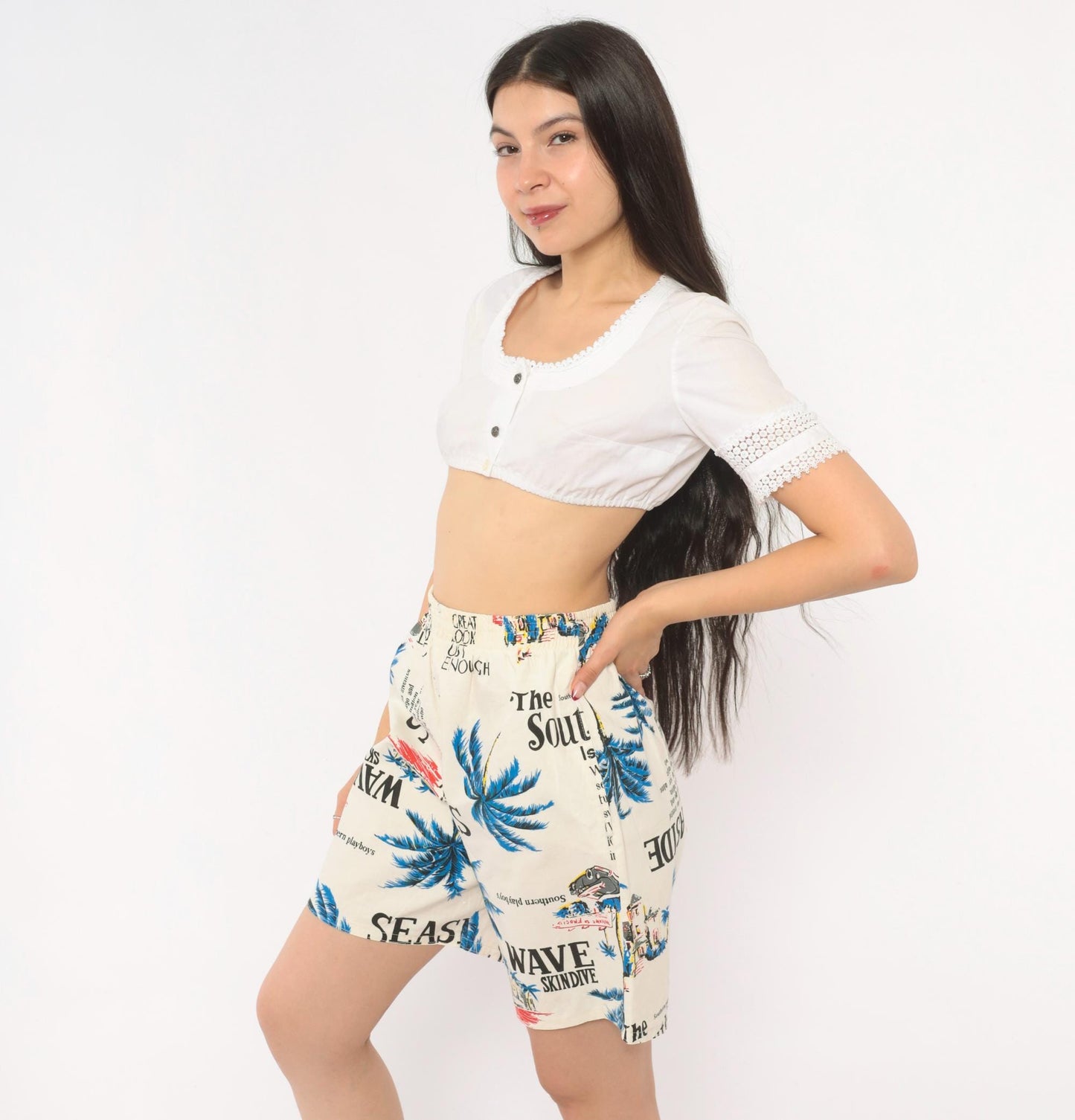 80s Altess Tropical Print Shorts Palm Tree Graphic Cream Blue Medium