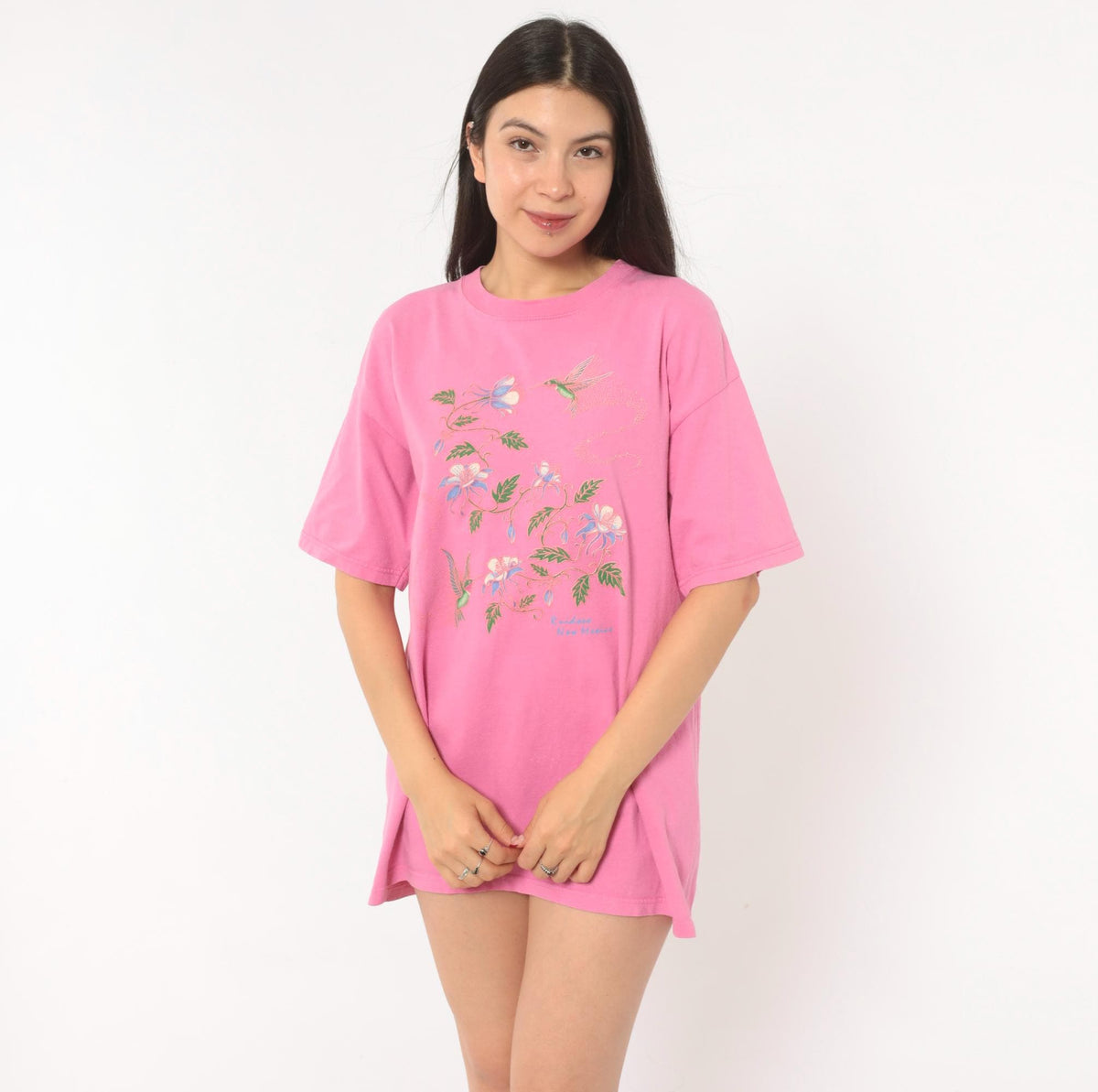 2000s Sportex Hummingbird Floral Graphic Tee Pink Cotton Ruidoso New Mexico Large L