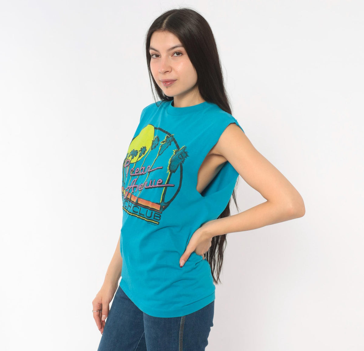 80s Chemise D'Sol Ocean Avenue Beach Club Teal Graphic Tee Palm Tree Sunset Small