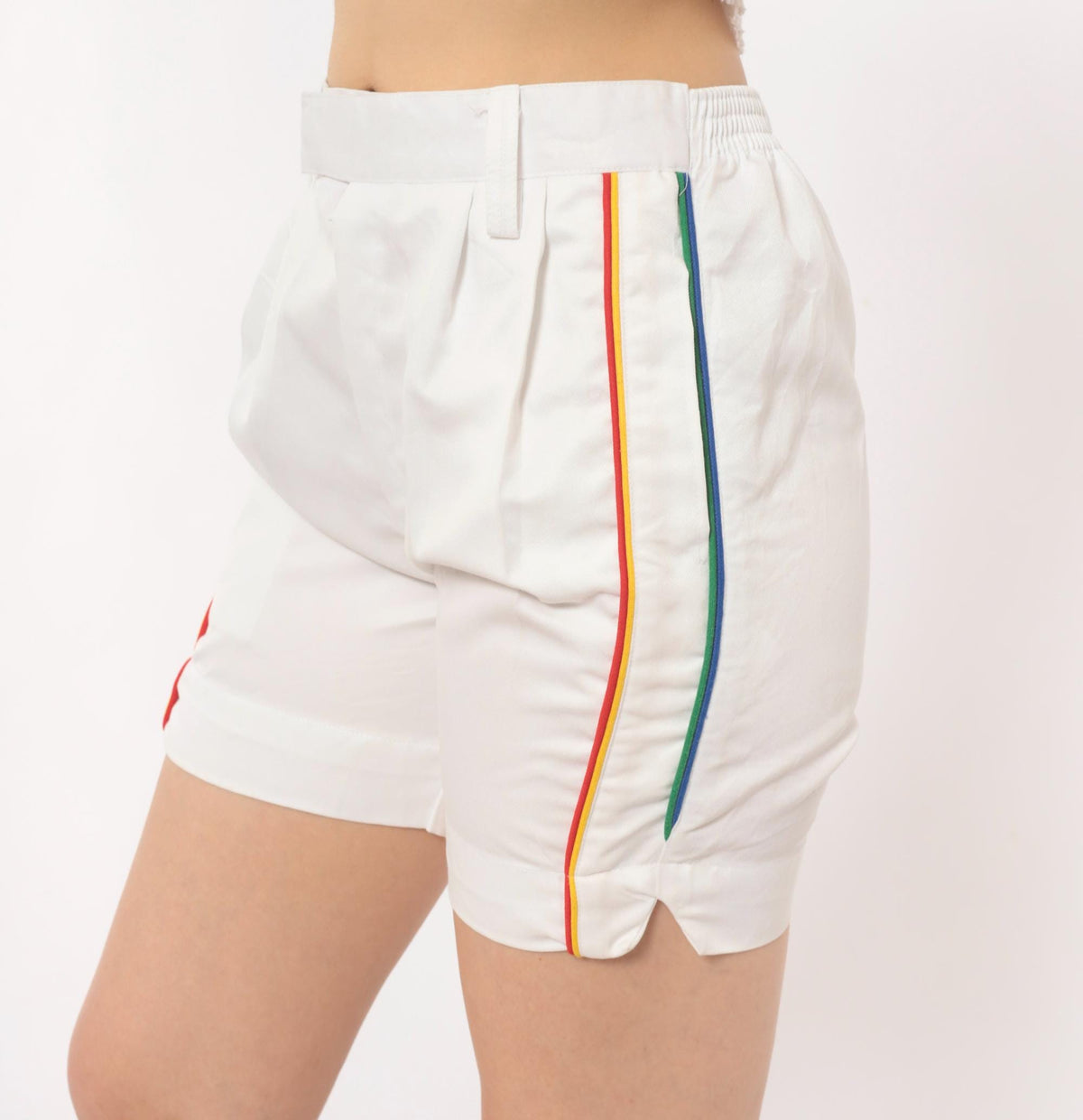 80s Rainbow Stripe White Cotton Bermuda Shorts High Waist Pleated Small S