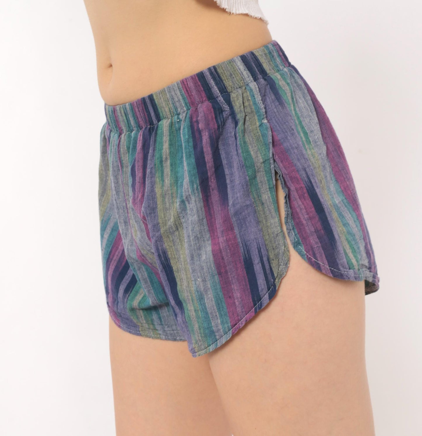 80s Pounders Striped Runner Shorts Purple Teal Navy Cotton Dolphin Hem Small S