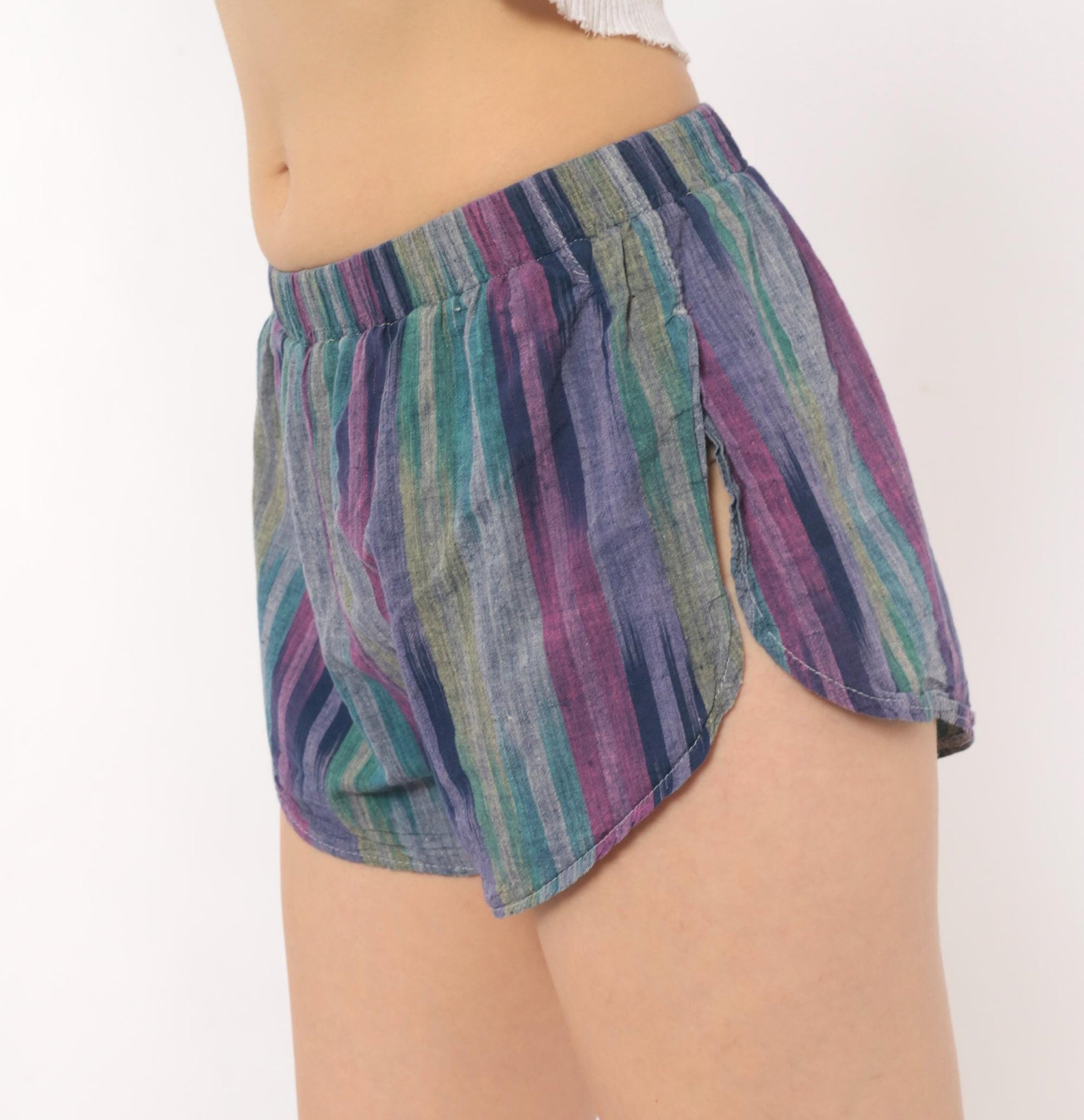 80s Pounders Striped Runner Shorts Purple Teal Navy Cotton Dolphin Hem Small S