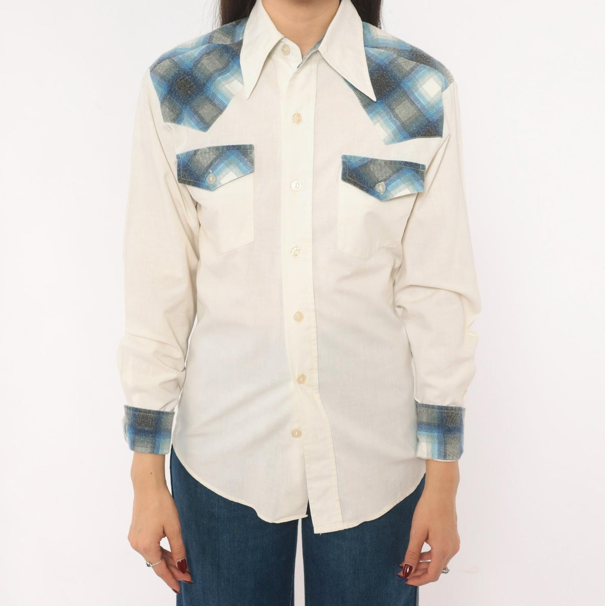 80s Kennington Western Yoke Shirt Blue Plaid Cotton Button-Up Small