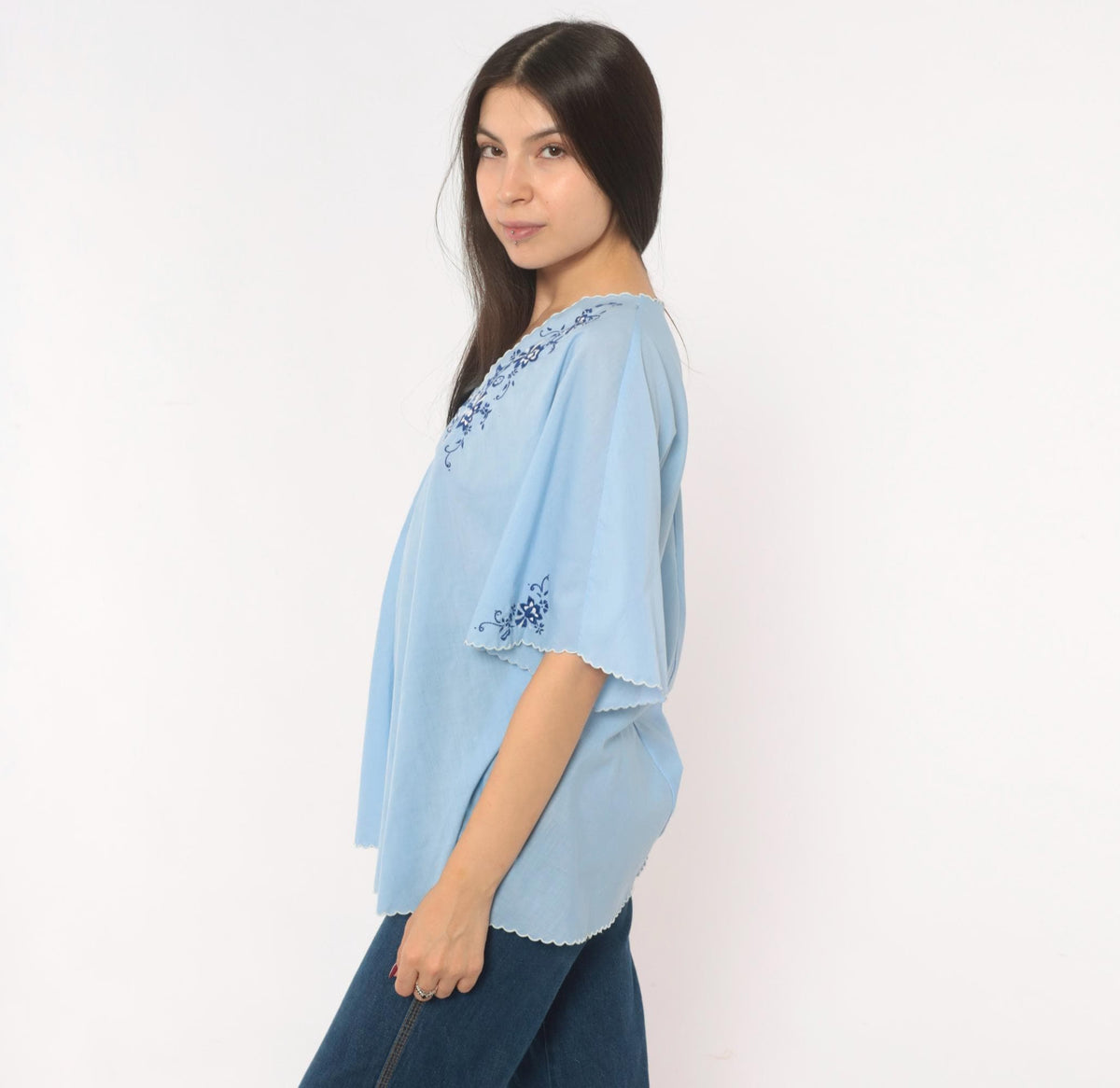 80s Sky Blue Cotton Peasant Blouse Embroidered Floral V Neck Flutter Sleeve Medium Large