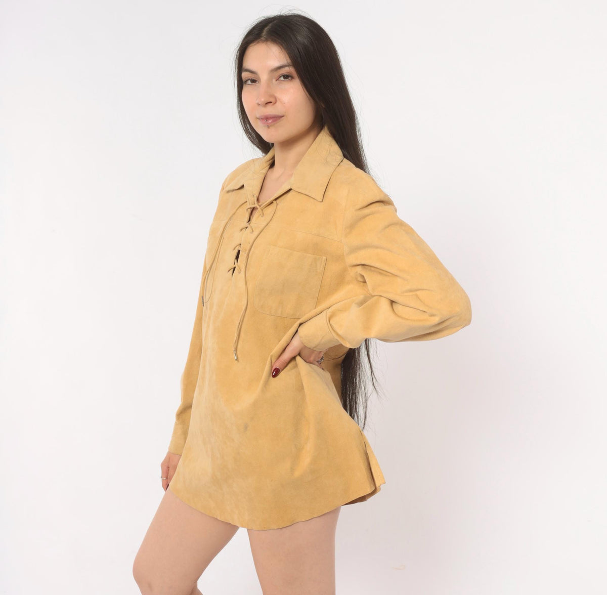 70s Tan Faux Suede Lace-Up Tunic Shirt Pointed Collar Long Sleeve Large L