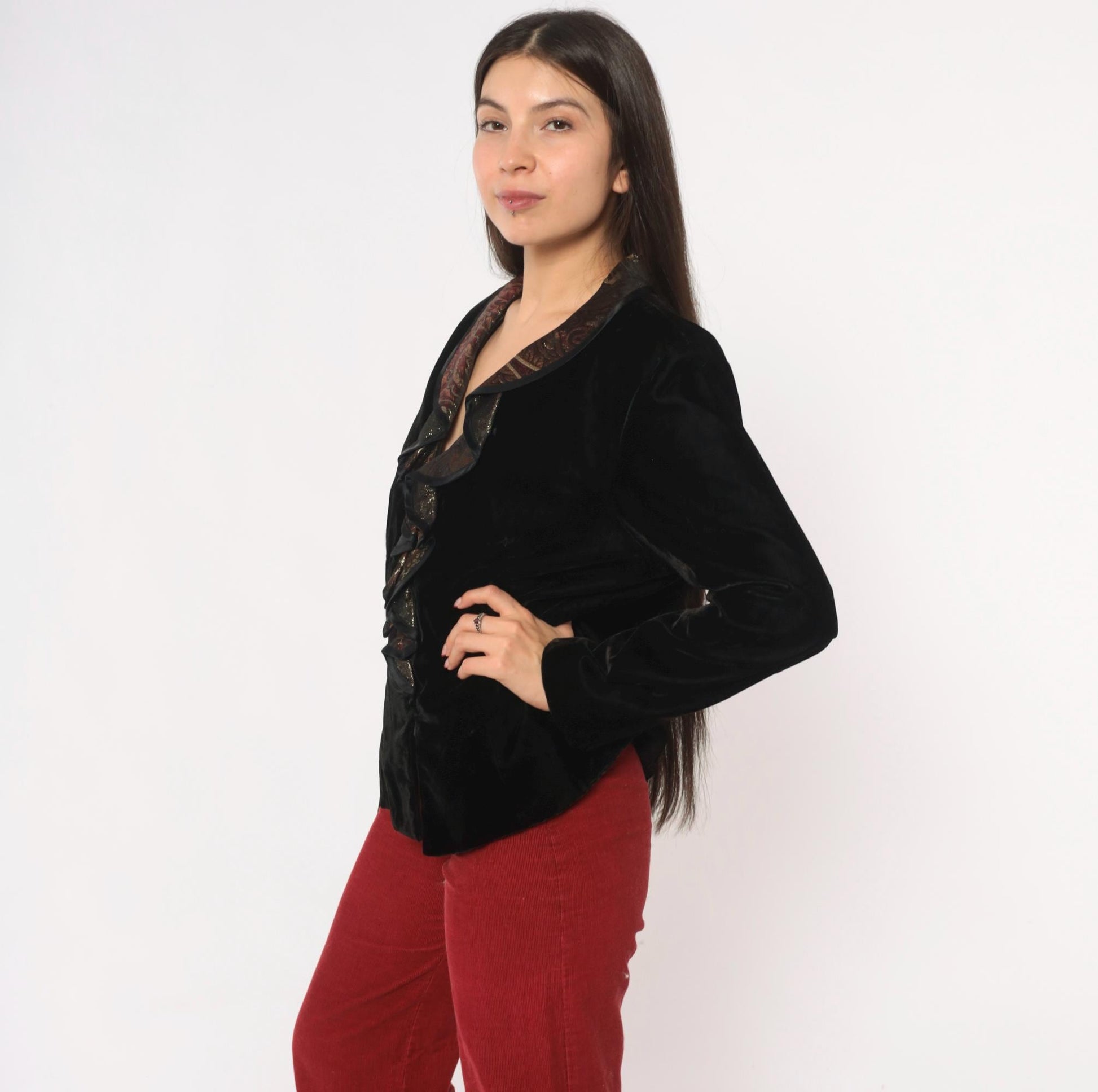 90s Patra Black Velvet Blazer Burgundy Gold Brocade Ruffle Collar Large L