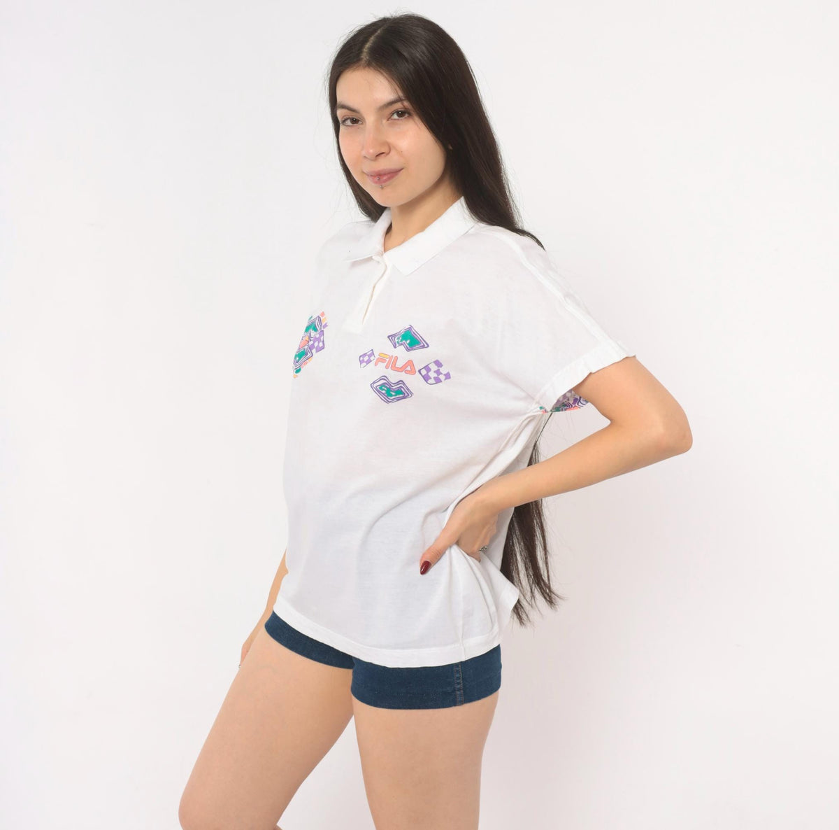 80s Fila Geometric Polo White Cotton Diamond Pattern Large