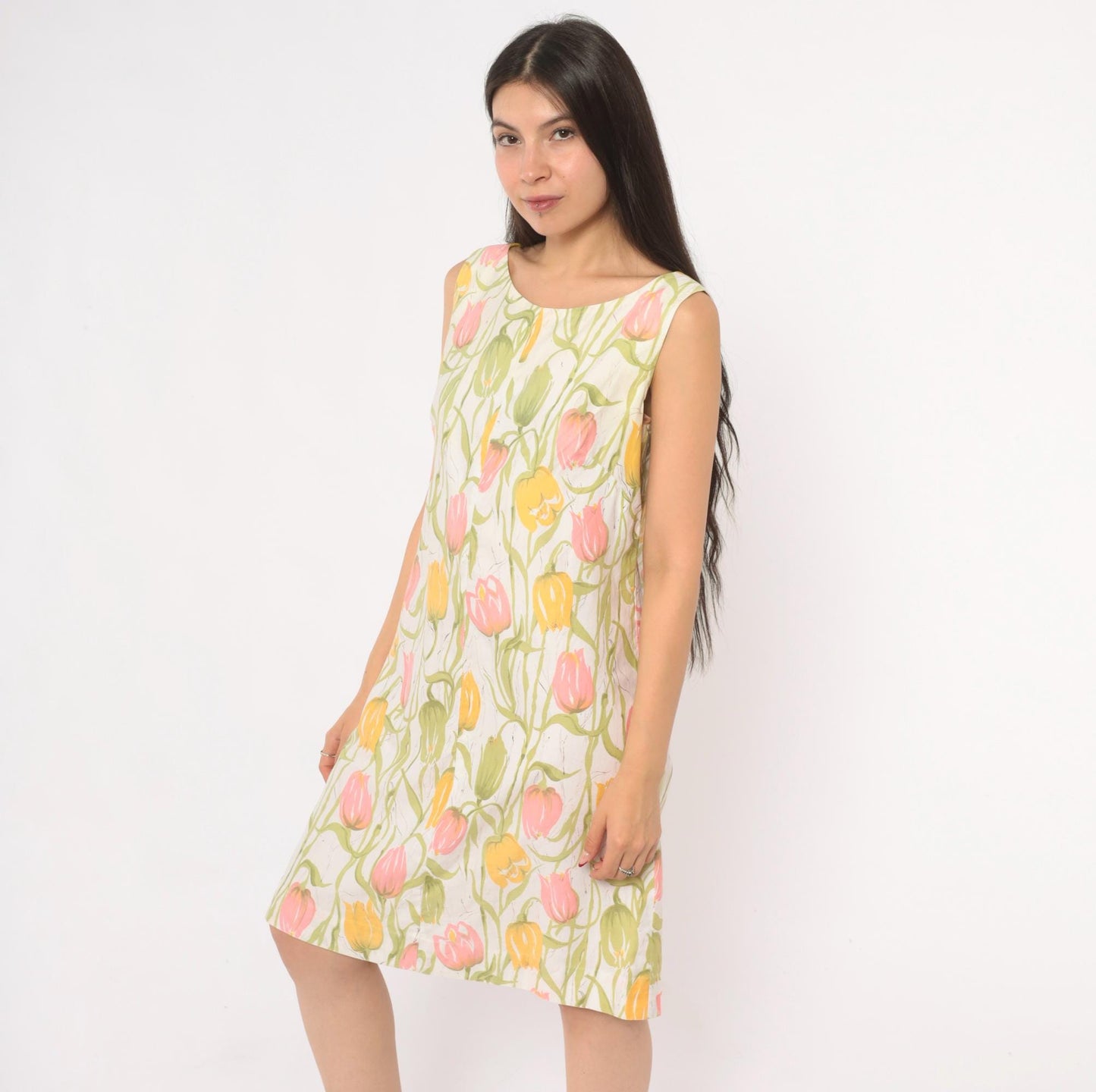 70s Tulip Print Shift Dress Sleeveless A-Line Scoop Neck Cotton Small