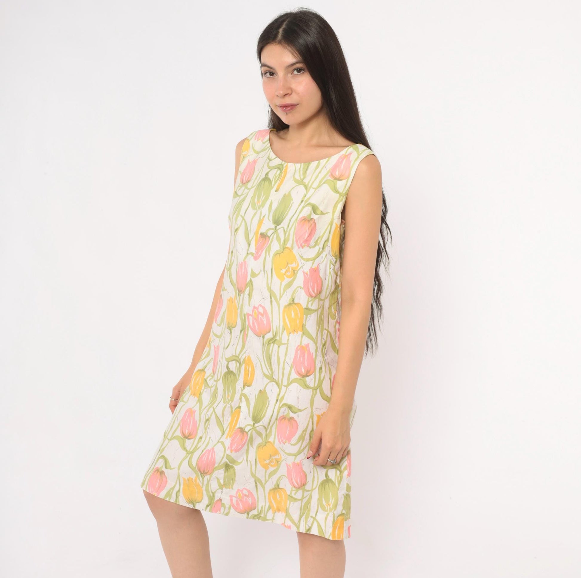70s Tulip Print Shift Dress Sleeveless A-Line Scoop Neck Cotton Small
