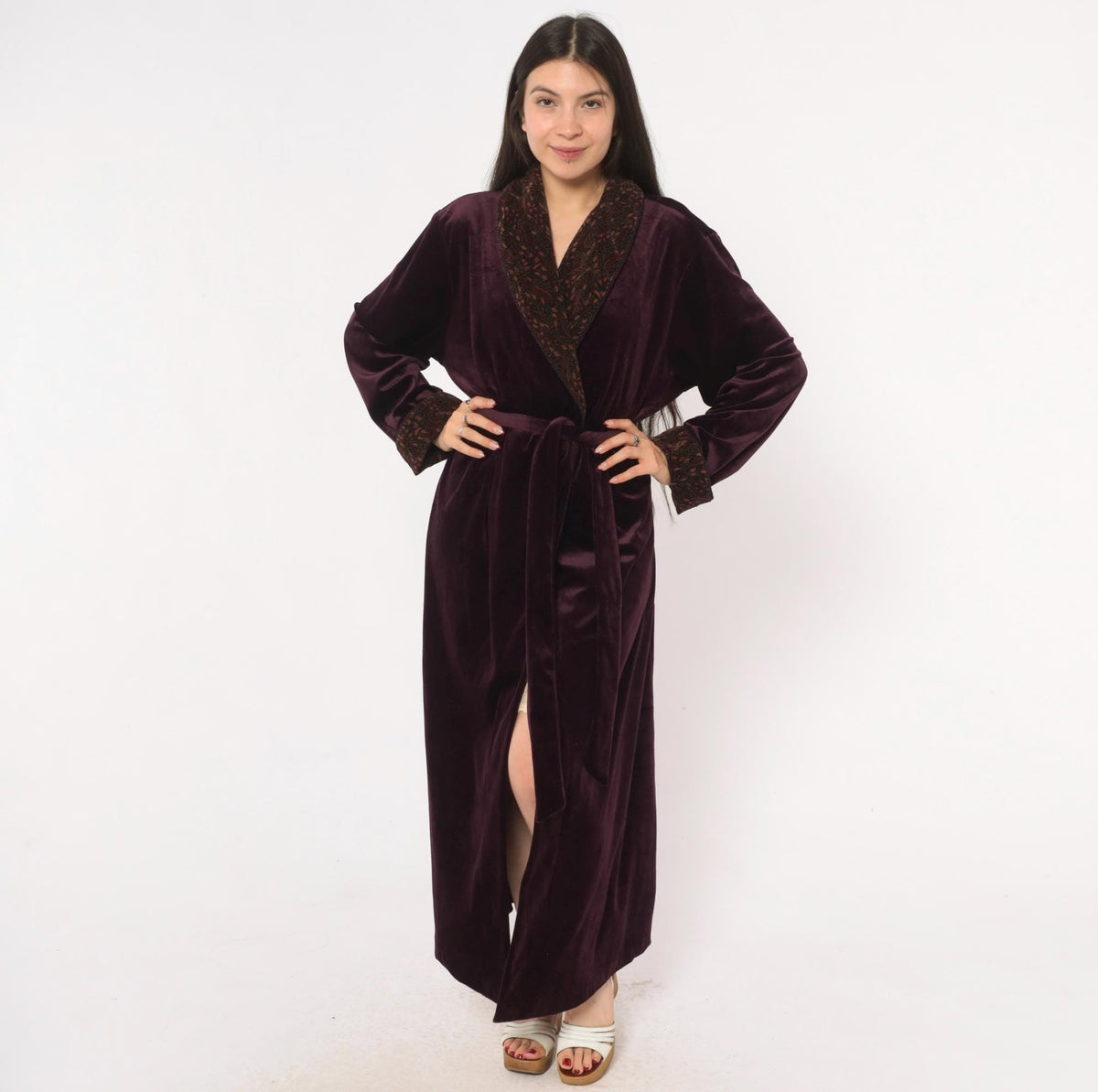90s Plum Velvet Robe Shawl Collar Paisley Satin Lined Maxi Medium M