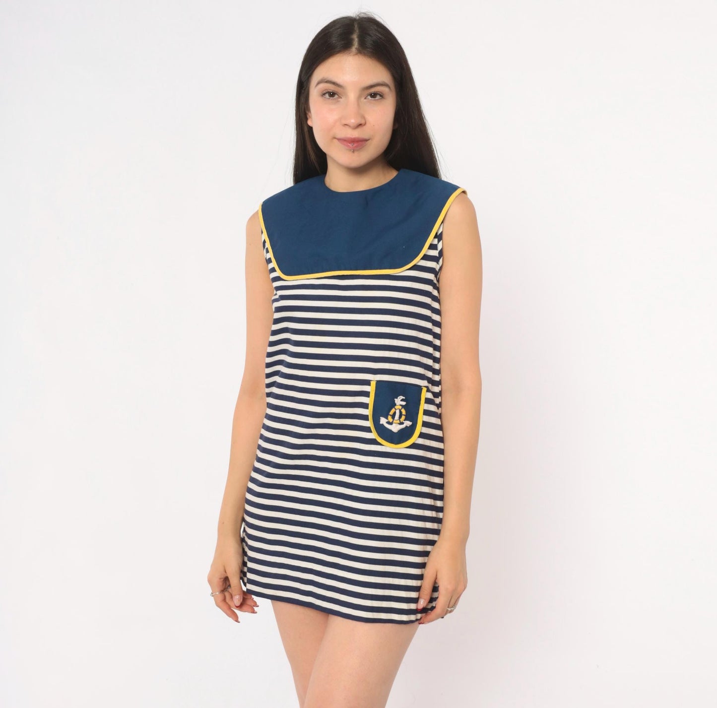 60s Nautical Mini Sailor Dress Navy White Striped Cotton Anchor Embroidered XS