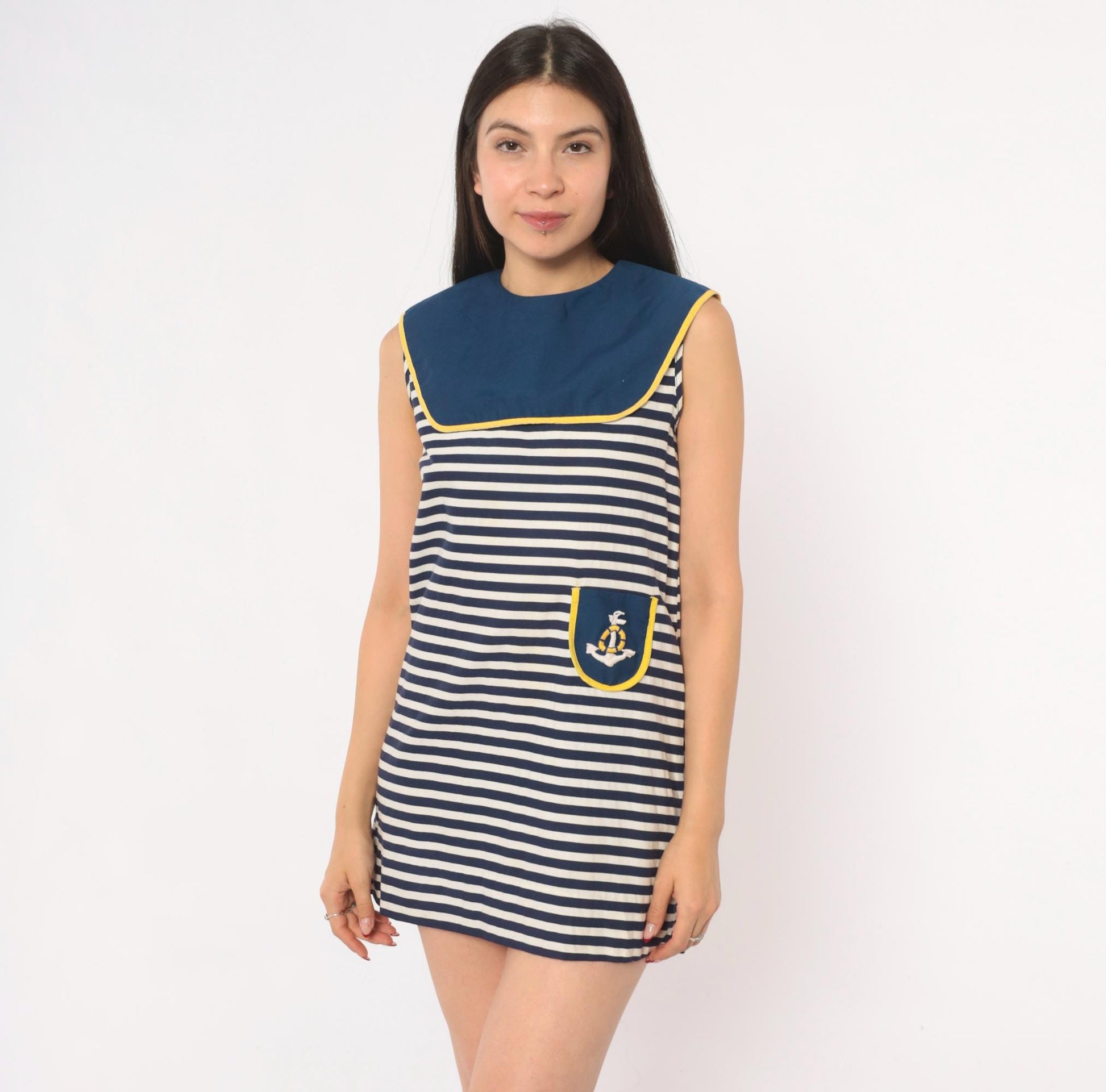 60s Nautical Mini Sailor Dress Navy White Striped Cotton Anchor Embroidered XS