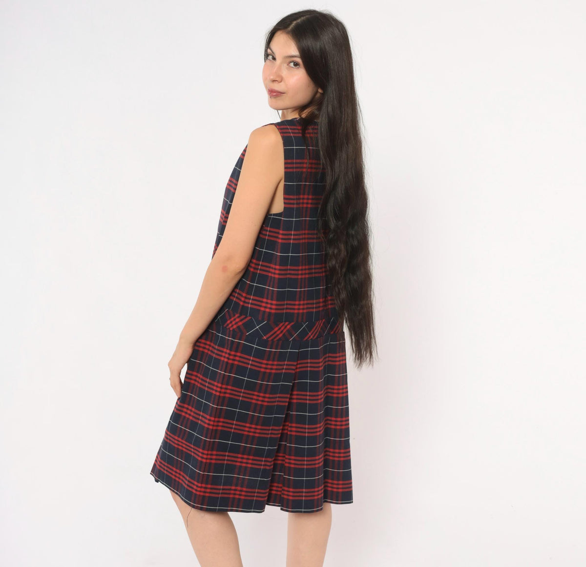 80s Fontaine Apparel Navy Red Tartan Plaid Drop Waist Dress Cotton Medium M