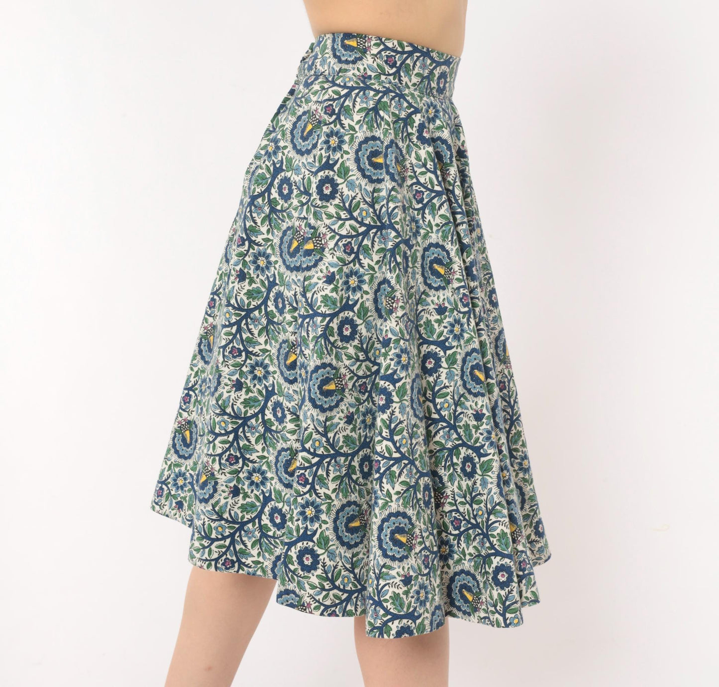 1950s Peacock Bird Circle Skirt Cotton Floral High Waist Blue Ivory Extra Small XS