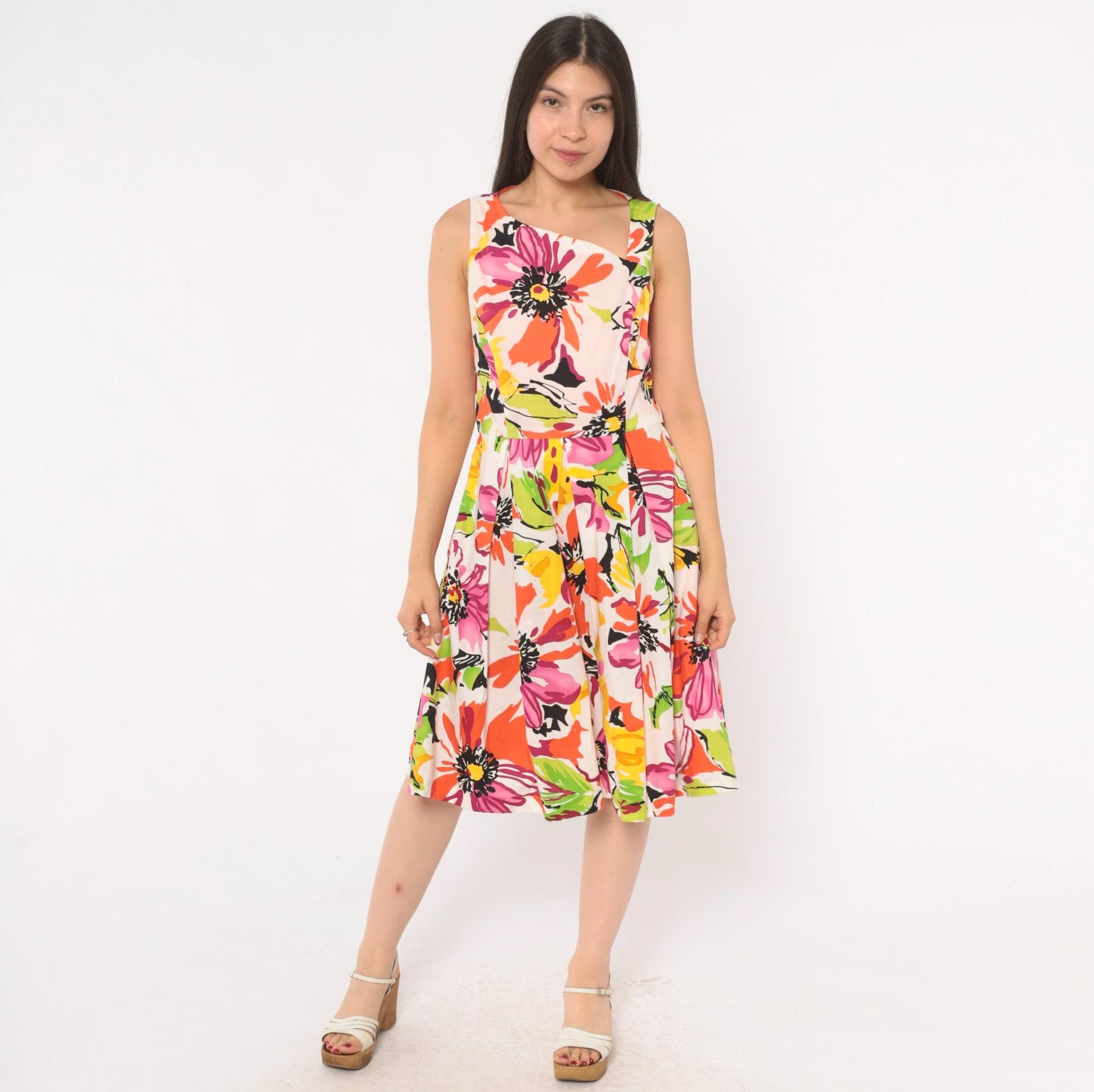 2000s R & K Originals Floral Sundress Asymmetric Neckline Pleated Knee-Length Medium M