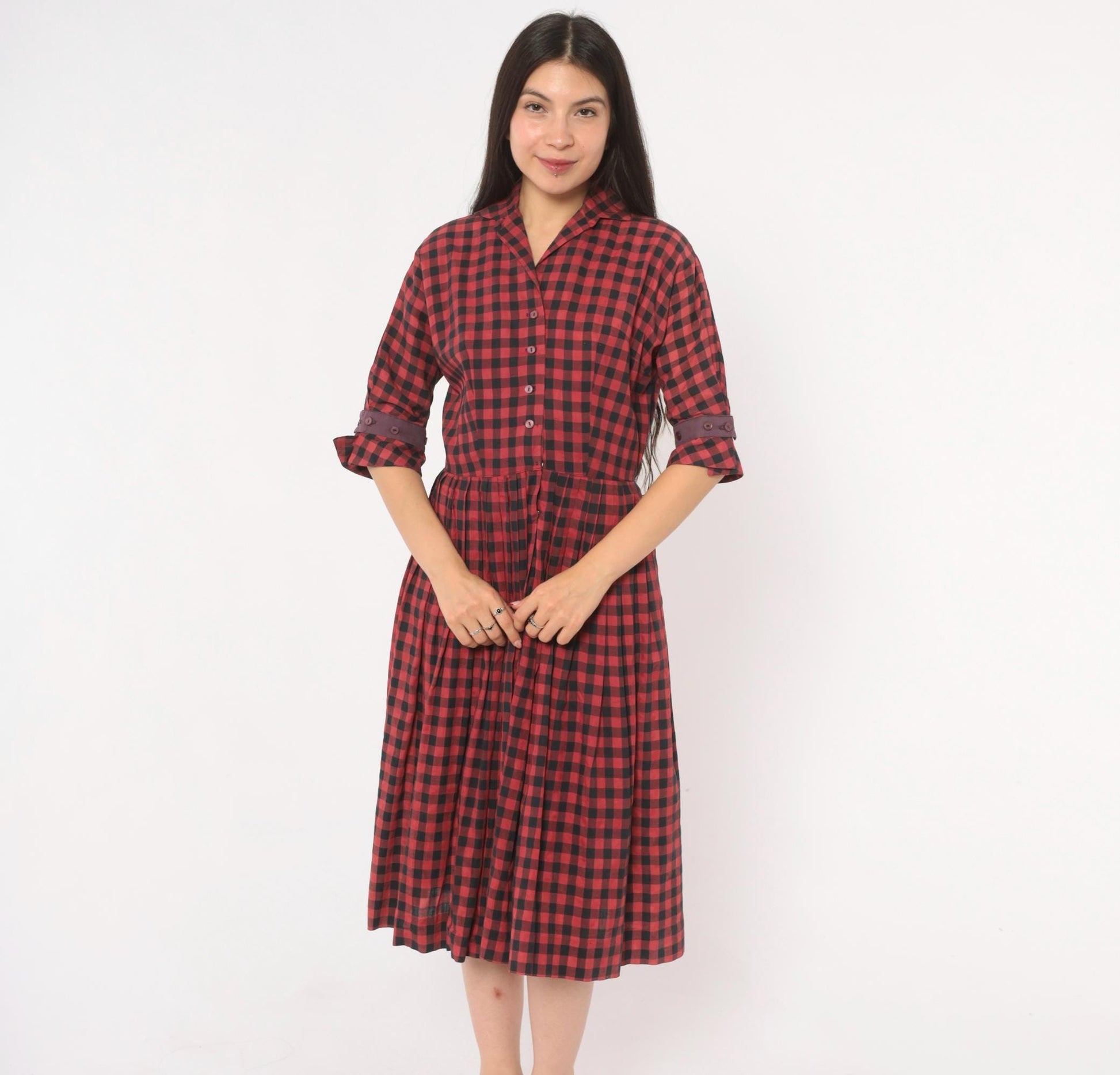 60s Meg Marlowe Buffalo Check Shirtdress Burgundy Black Plaid Cotton Small