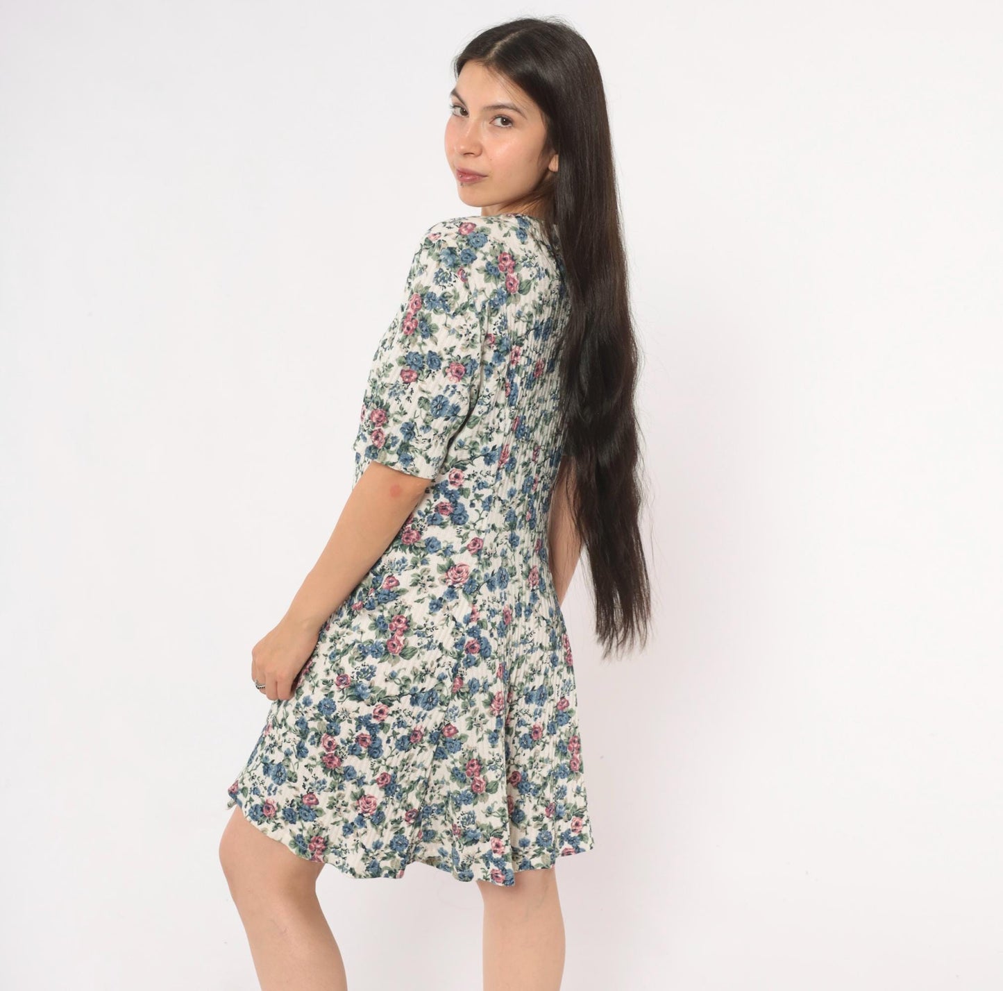 90s Floral Button Front Romper Square Neck Blue Pink Rose Ivory Medium M