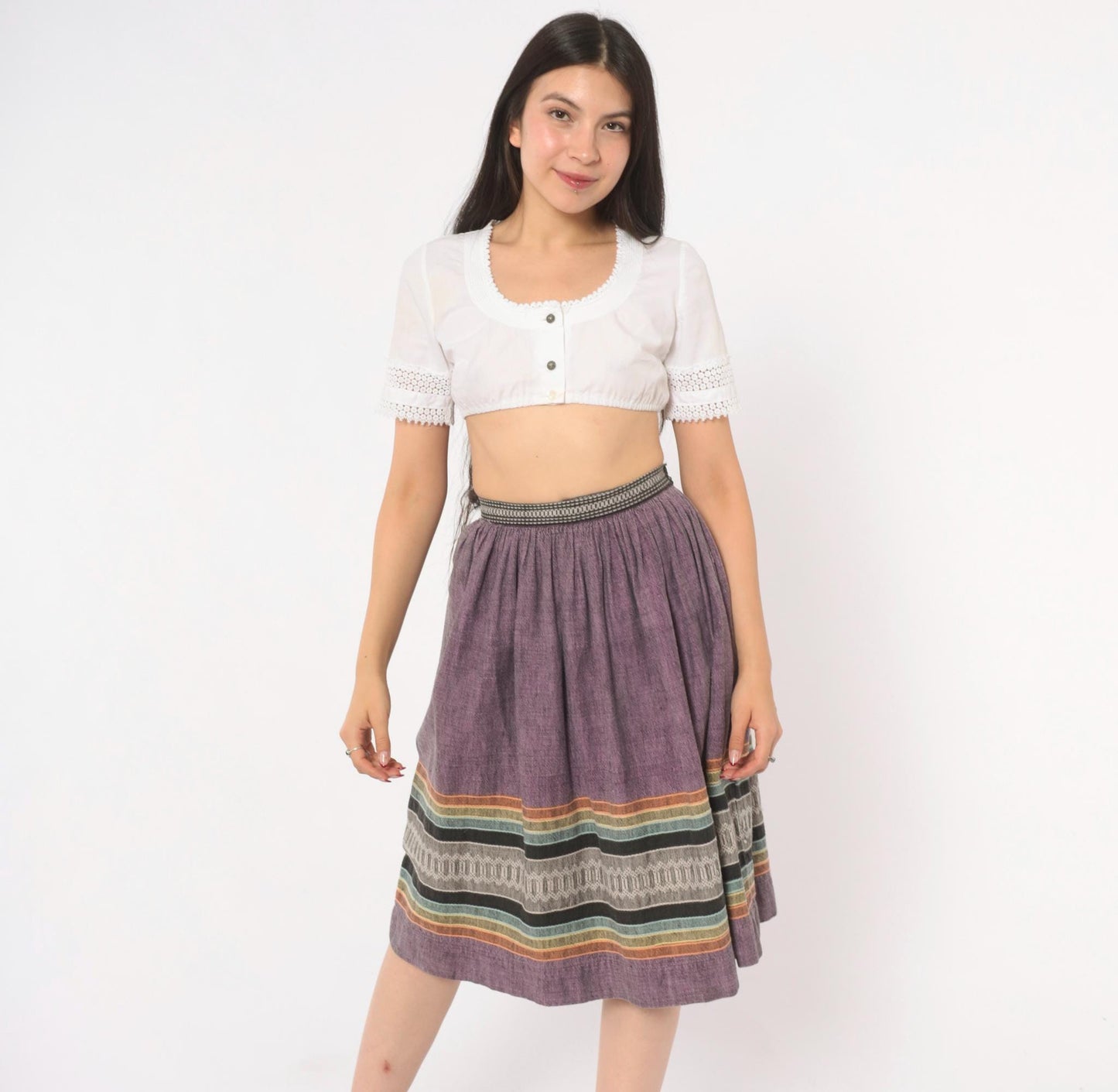 1980s Purple Woven Stripe Knee Skirt Cotton Linen Gathered Waist XS