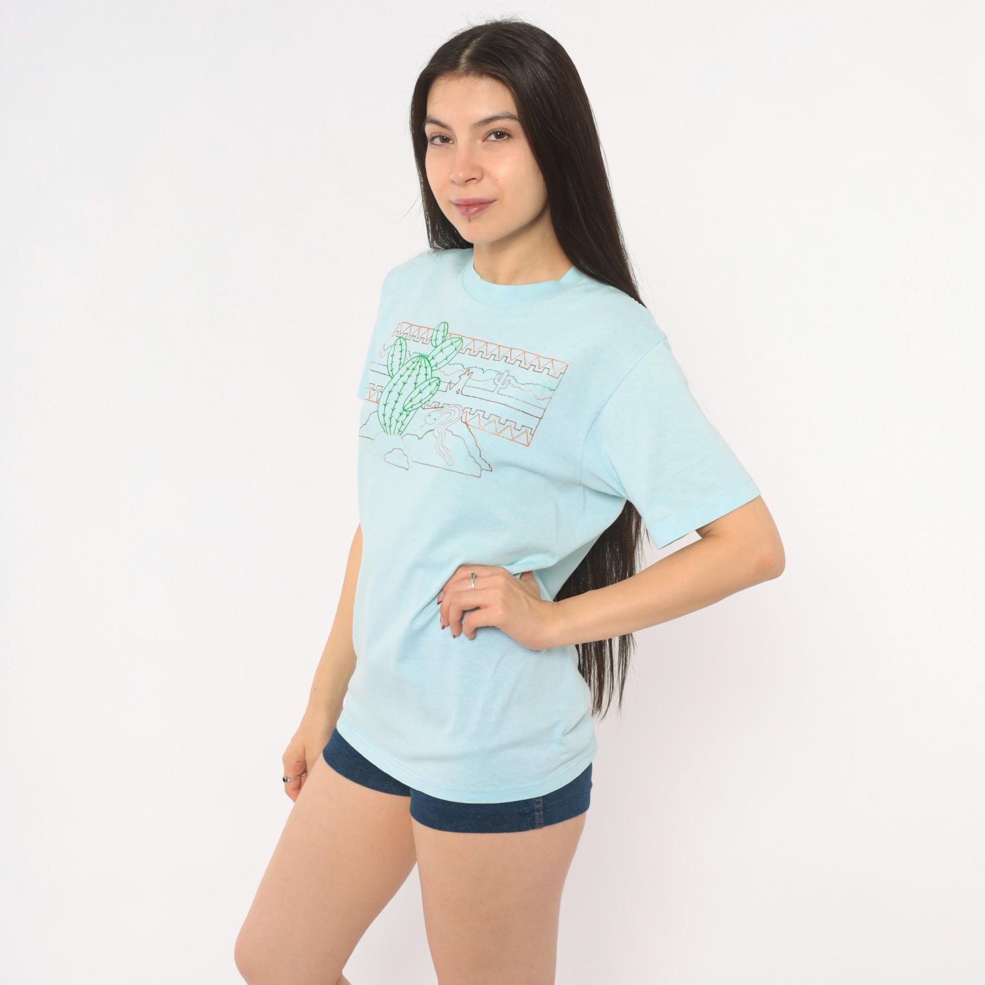 80s Sunbelt Sportswear Desert Cactus Snake Graphic Tee Light Blue Small