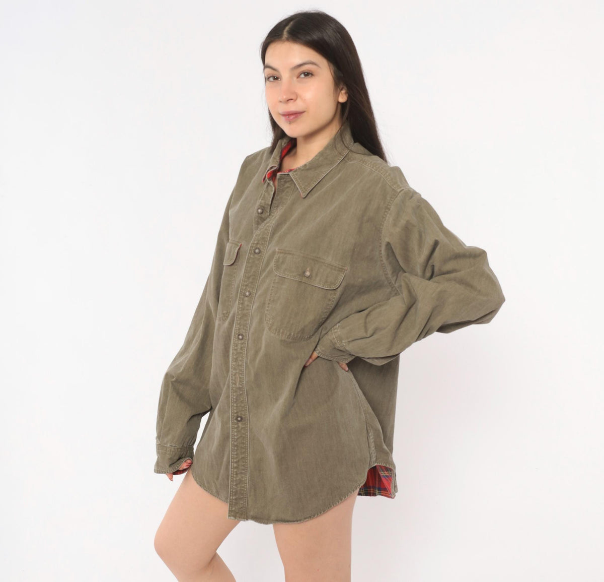 90s L.L.Bean Flannel Lined Work Shirt Olive Denim Cotton Button Front Extra Large XL