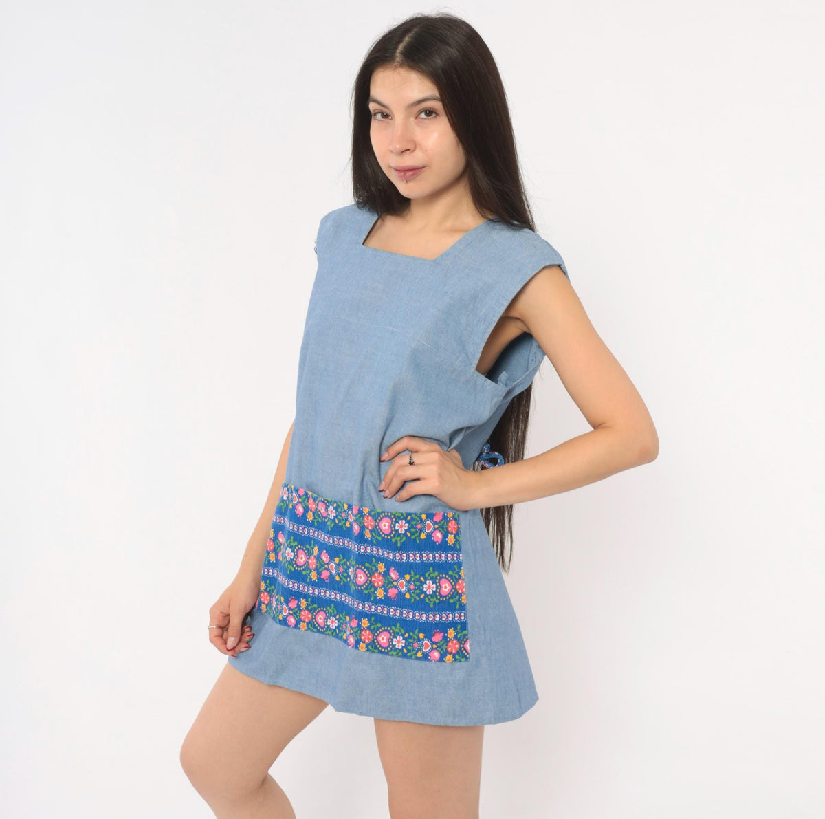 70s Light Blue Chambray Tunic Apron Dress Floral Print Open Back Small