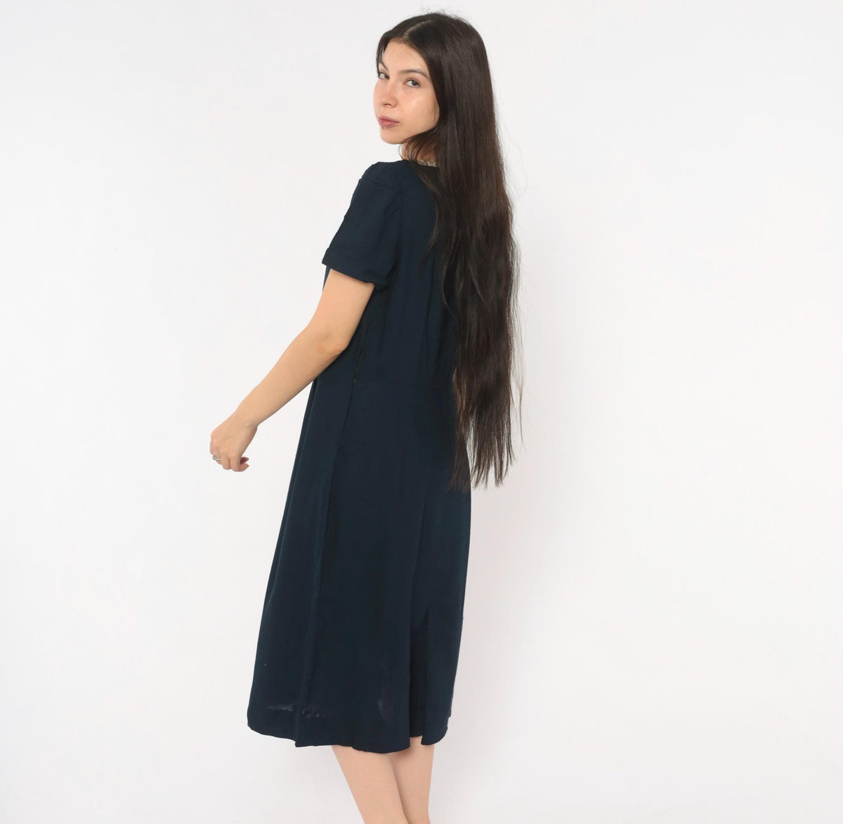 60s Navy Dress Square Neck Lace Trim A-Line Short Sleeve Side Zip Medium M