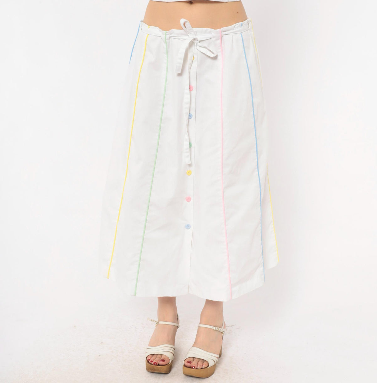 80s Sanibel White Cotton A-Line Midi Skirt Pastel Rainbow Button Front Medium