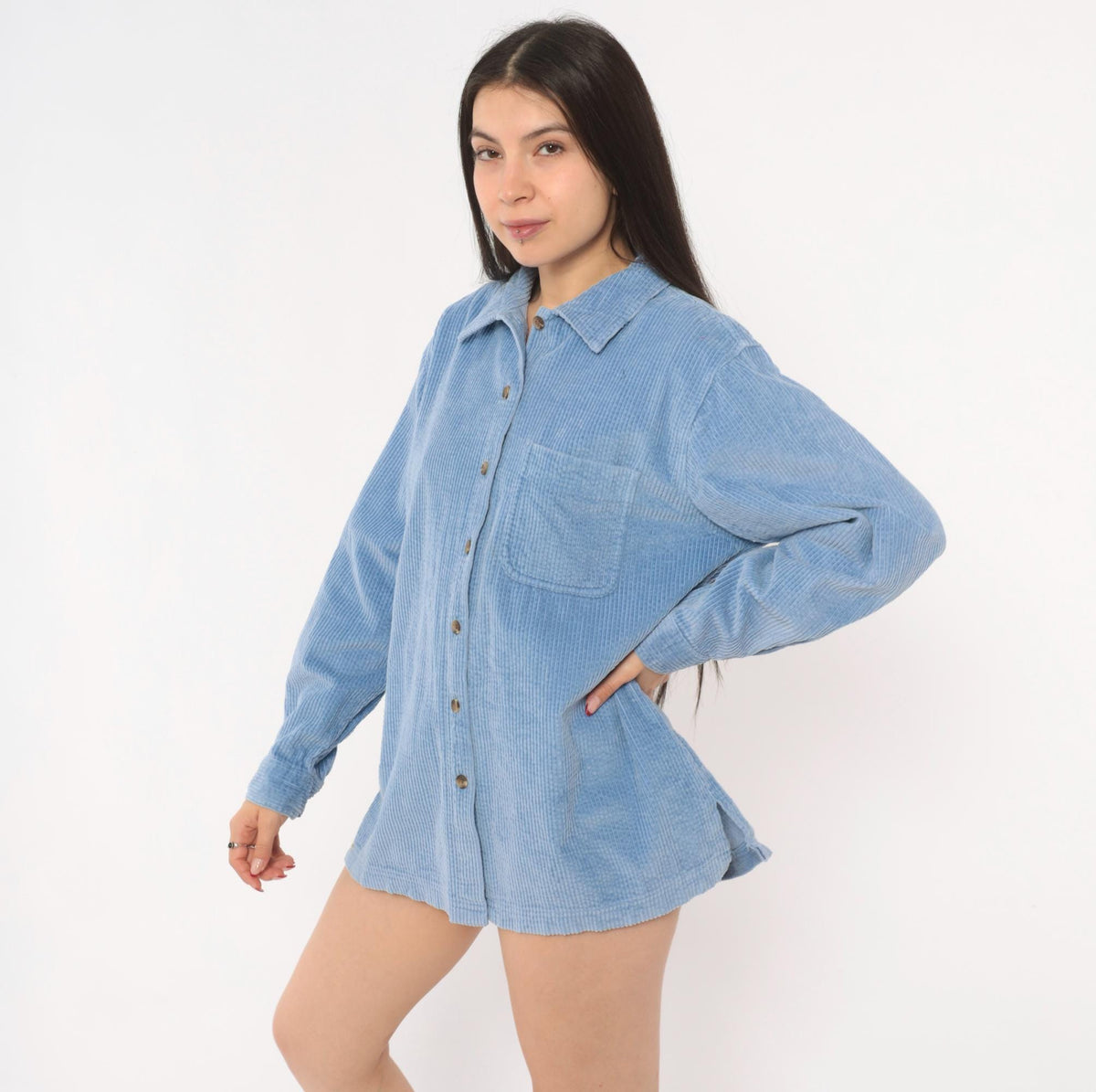90s L.L.Bean Corduroy Button-Front Shirt Sky Blue Cotton Medium M