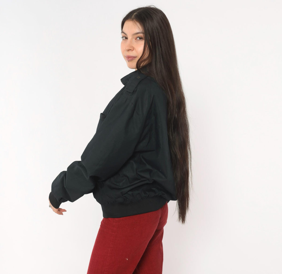 90s Black Bomber Jacket Zip Front Epaulette Military Windbreaker Medium