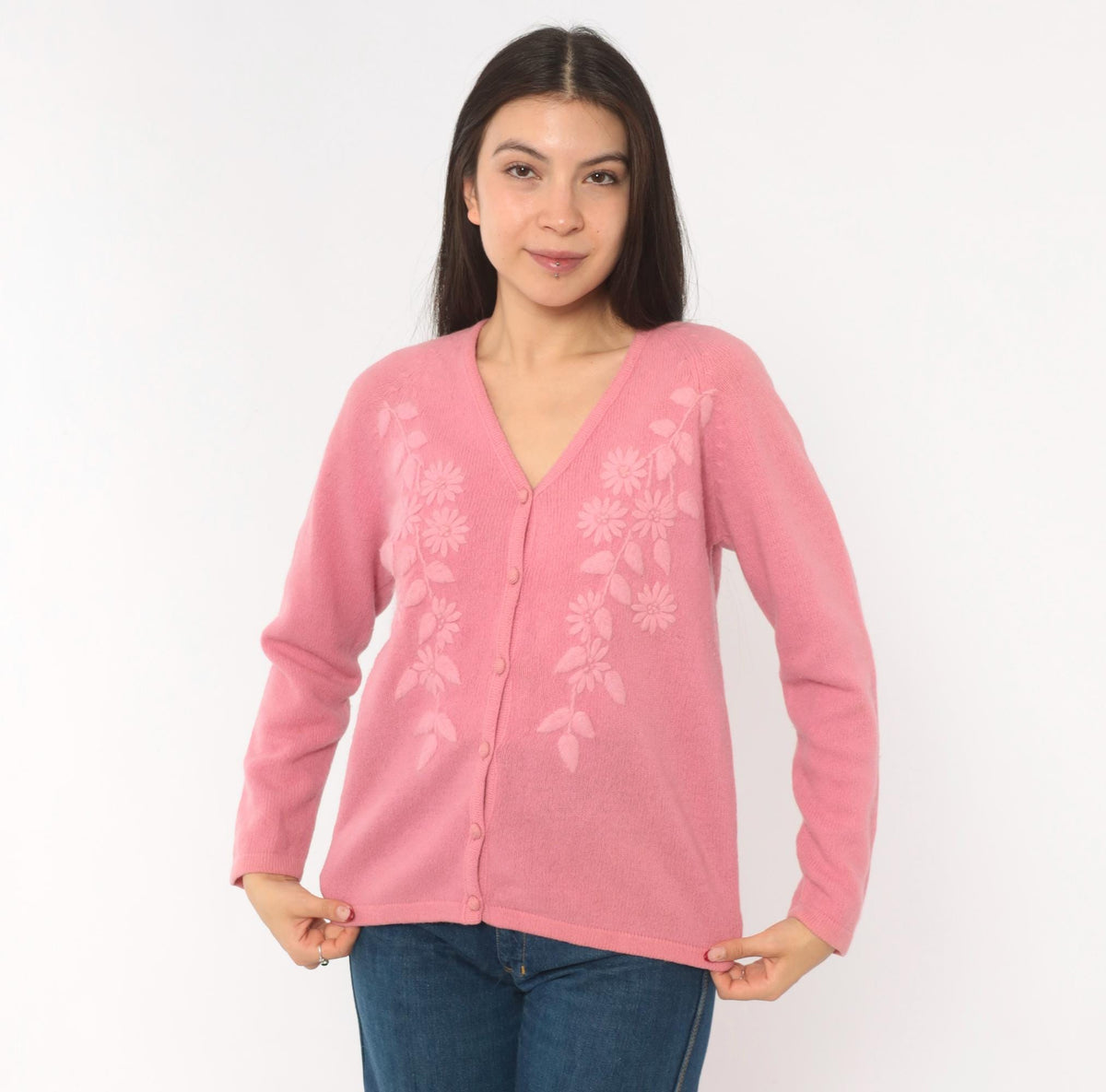 80s NKKC Rose Pink Lambswool Cardigan Floral Embroidered V-Neck Medium M