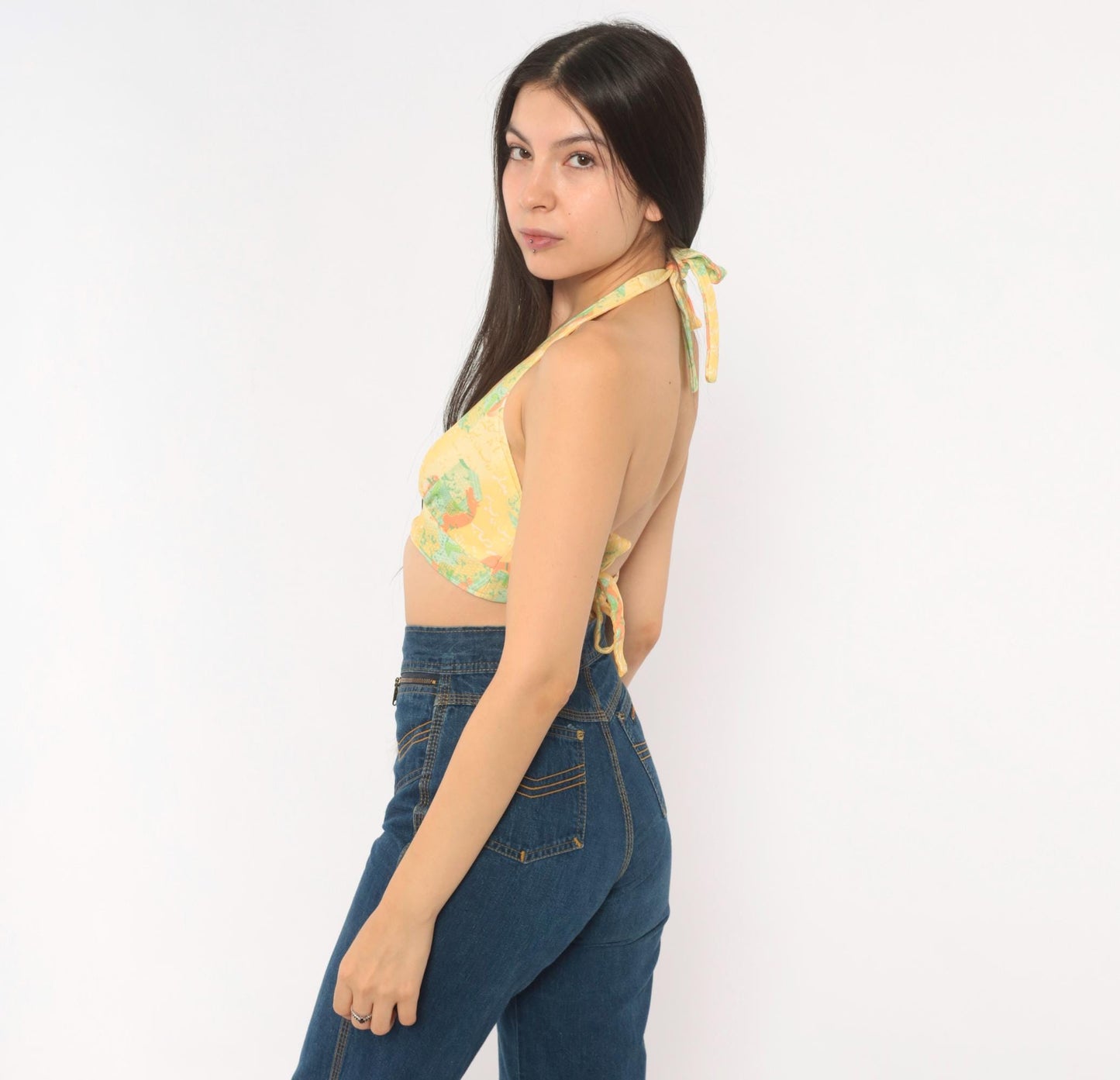 70s Yellow Floral Halter Crop Top Backless Tie Blouse Small