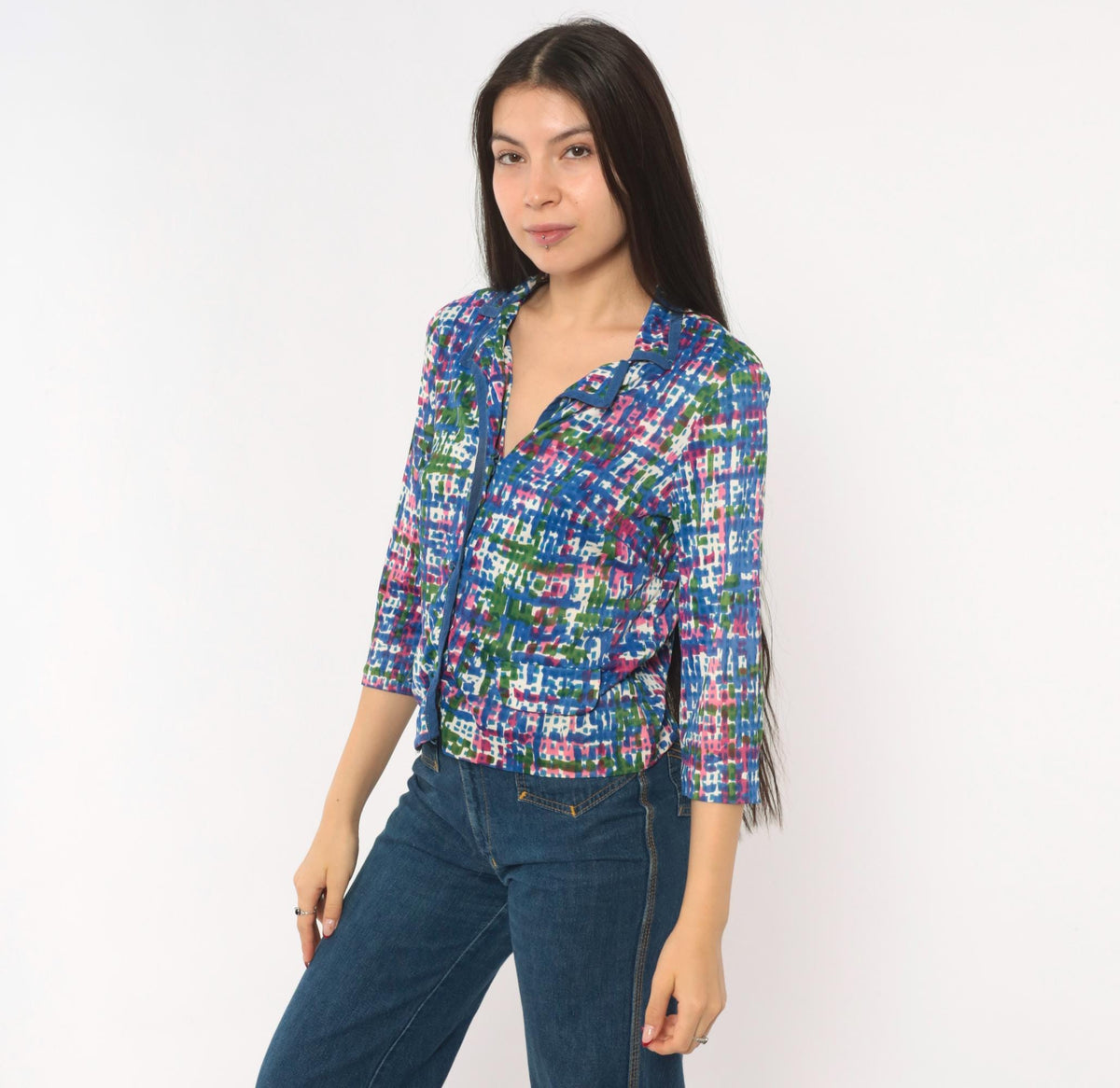 70s Puritan Forever Yours Abstract Crosshatch Blouse Blue Pink Green Small