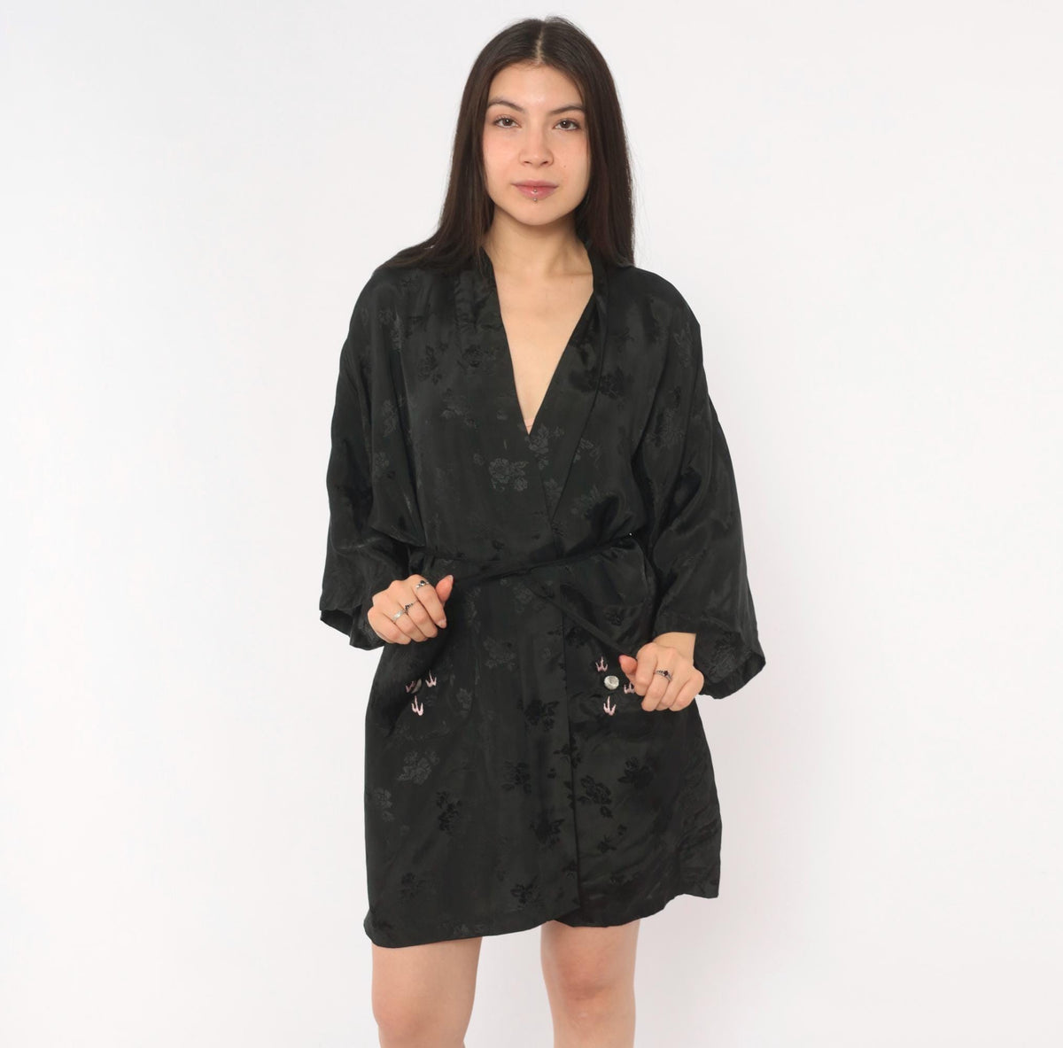 90s Golden Bee Black Satin Kimono Robe Dragon Embroidered Medium M