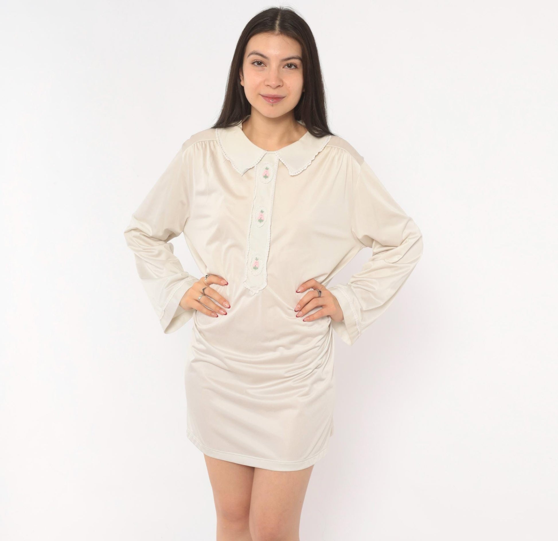 80s Embroidered Floral Nightgown Cream Peter Pan Collar Lace Trim Large L