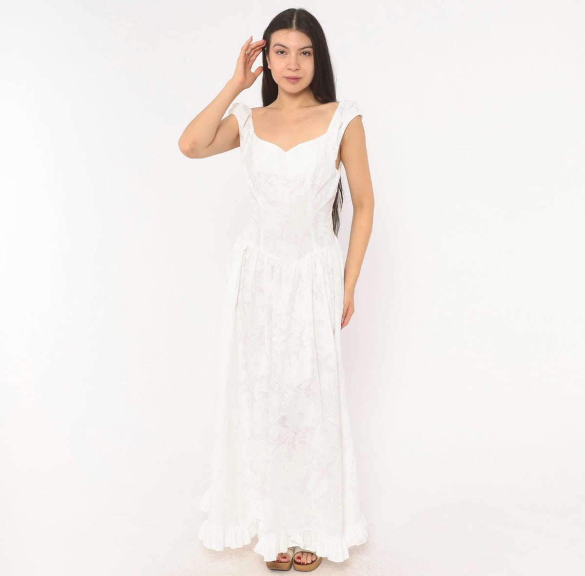 80s White Cotton Maxi Dress Sweetheart Neckline Basque Waist Floral Extra Small
