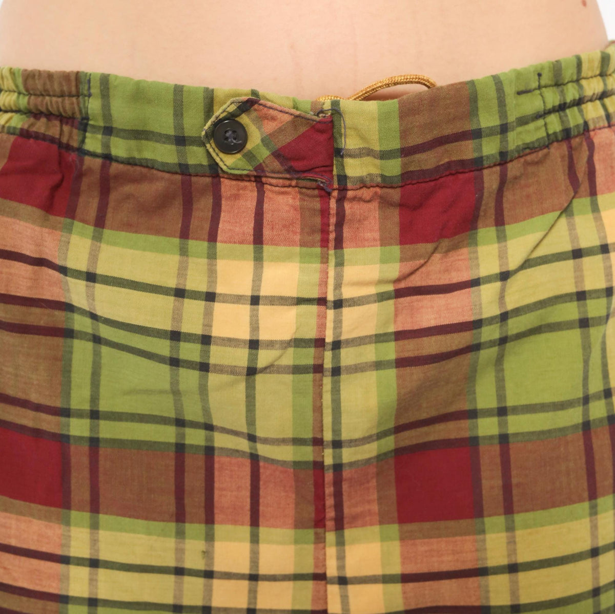 70s Plaid Swim Shorts Olive Burgundy Tartan Cotton Unisex Medium