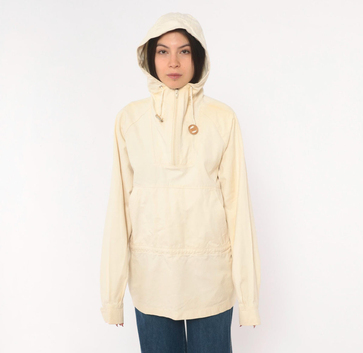 80s Woolrich Cream Cotton Anorak Half-Zip Hooded Pullover Jacket Medium