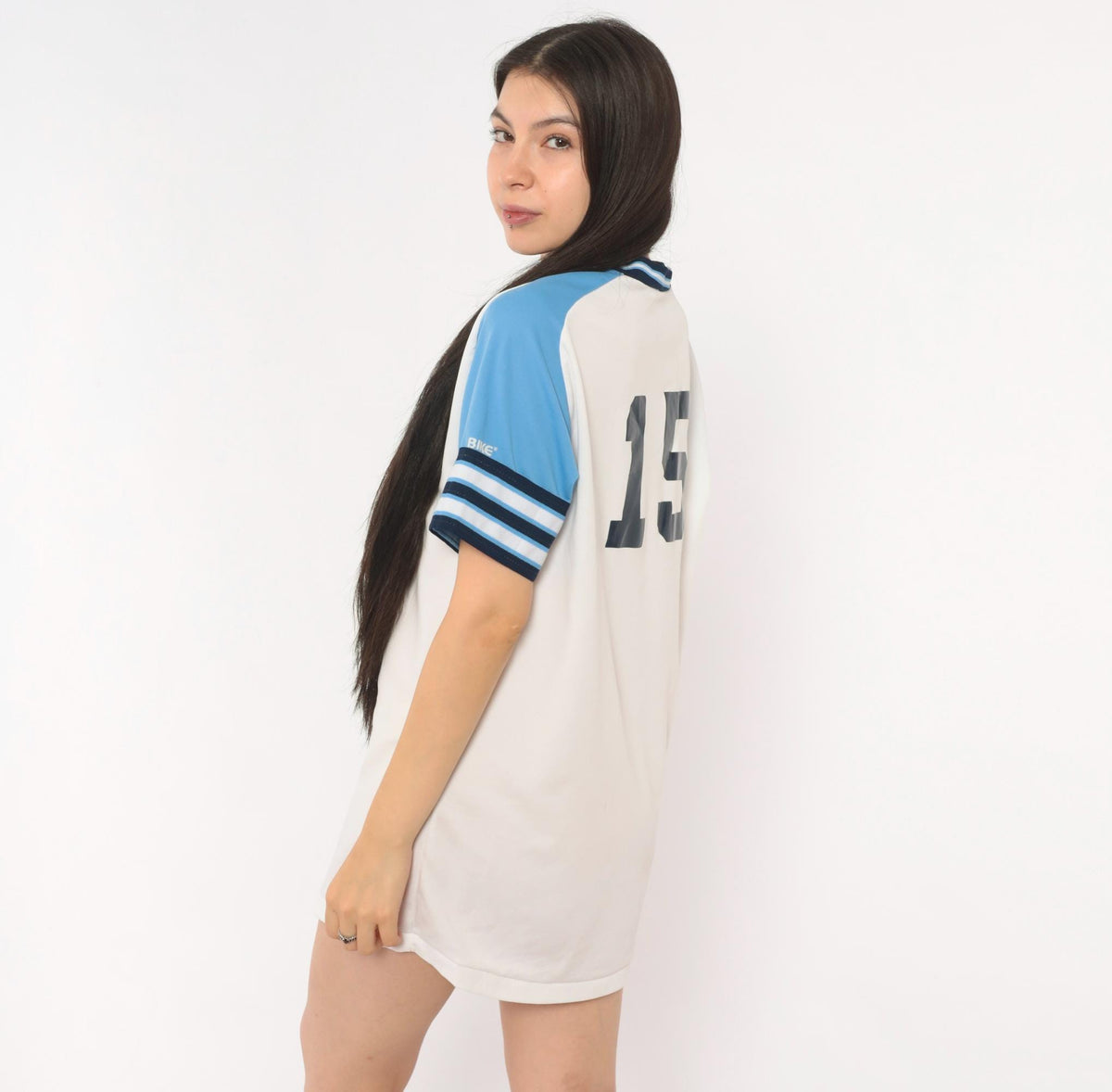 80s Bike Baseball Jersey White Sky Blue Raglan Striped V-Neck Medium