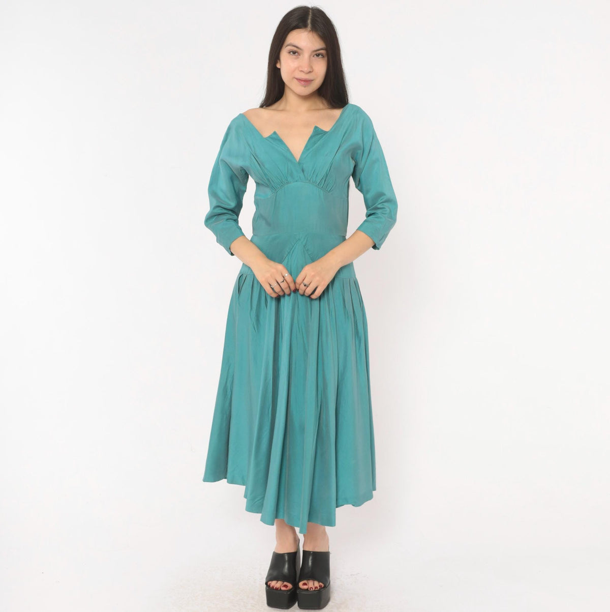 1940s Teal Dress V-Neck Three Quarter Sleeve Drop Waist Midi Small S