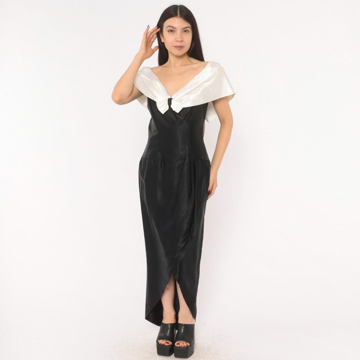 90s Black Satin Maxi Gown White Bow Off-Shoulder V-Neck Cap Sleeve Medium