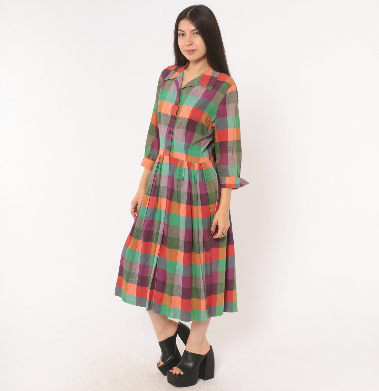 60s Multicolor Plaid Shirtdress Cotton Button Front Midi Purple Green Coral Large