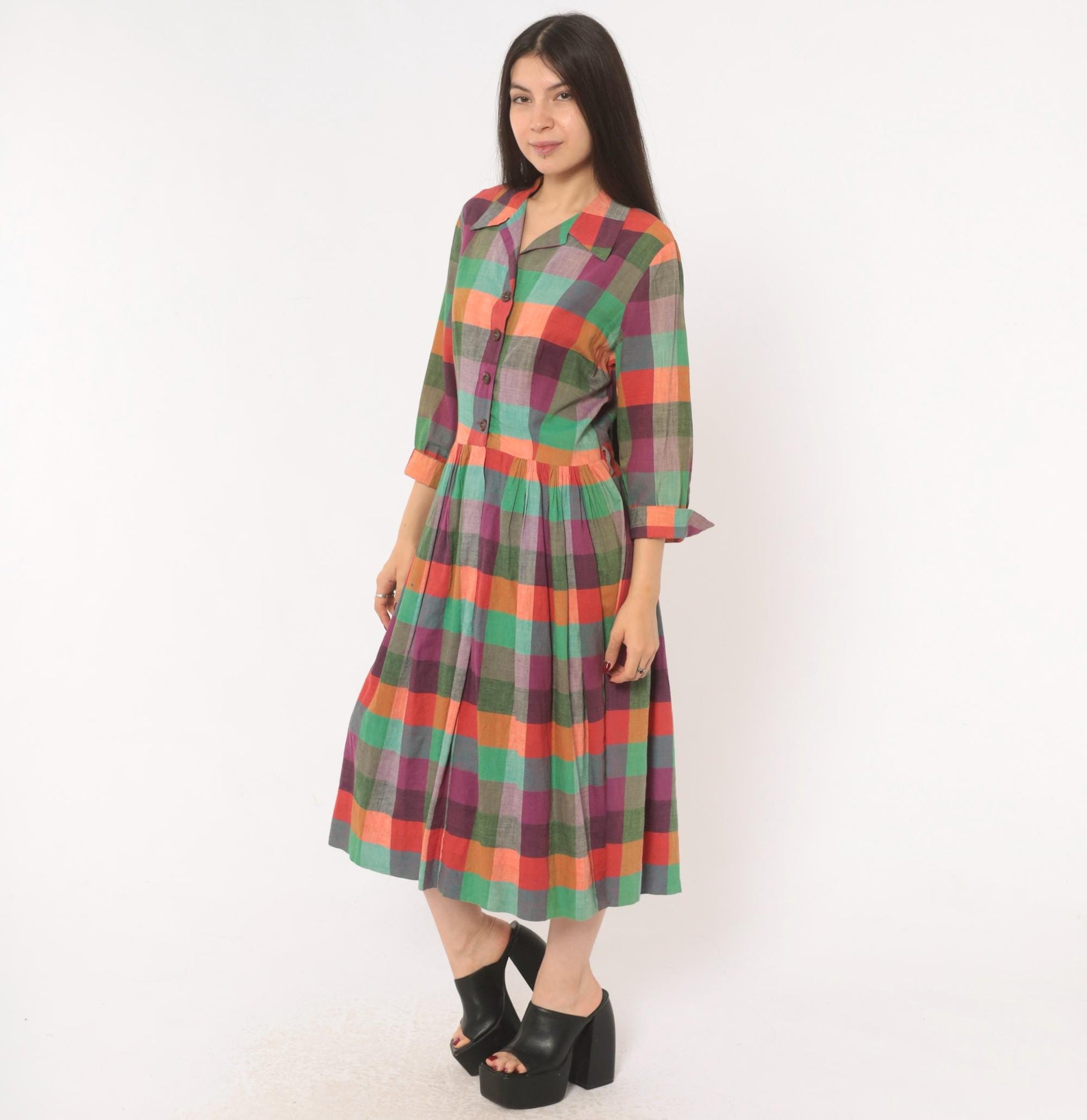 60s Multicolor Plaid Shirtdress Cotton Button Front Midi Purple Green Coral Large