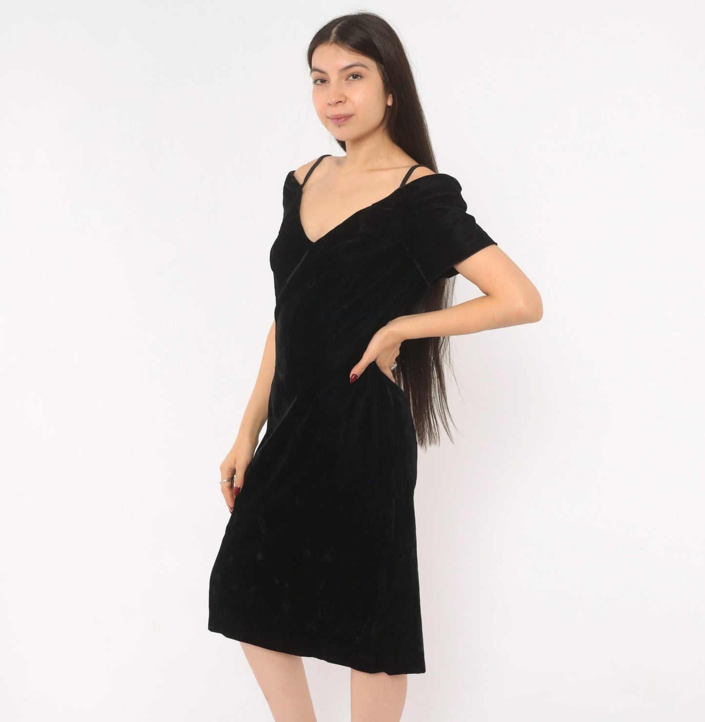 90s Black Velvet Off-Shoulder Dress V-Neck Spaghetti Strap Knee Length Medium M